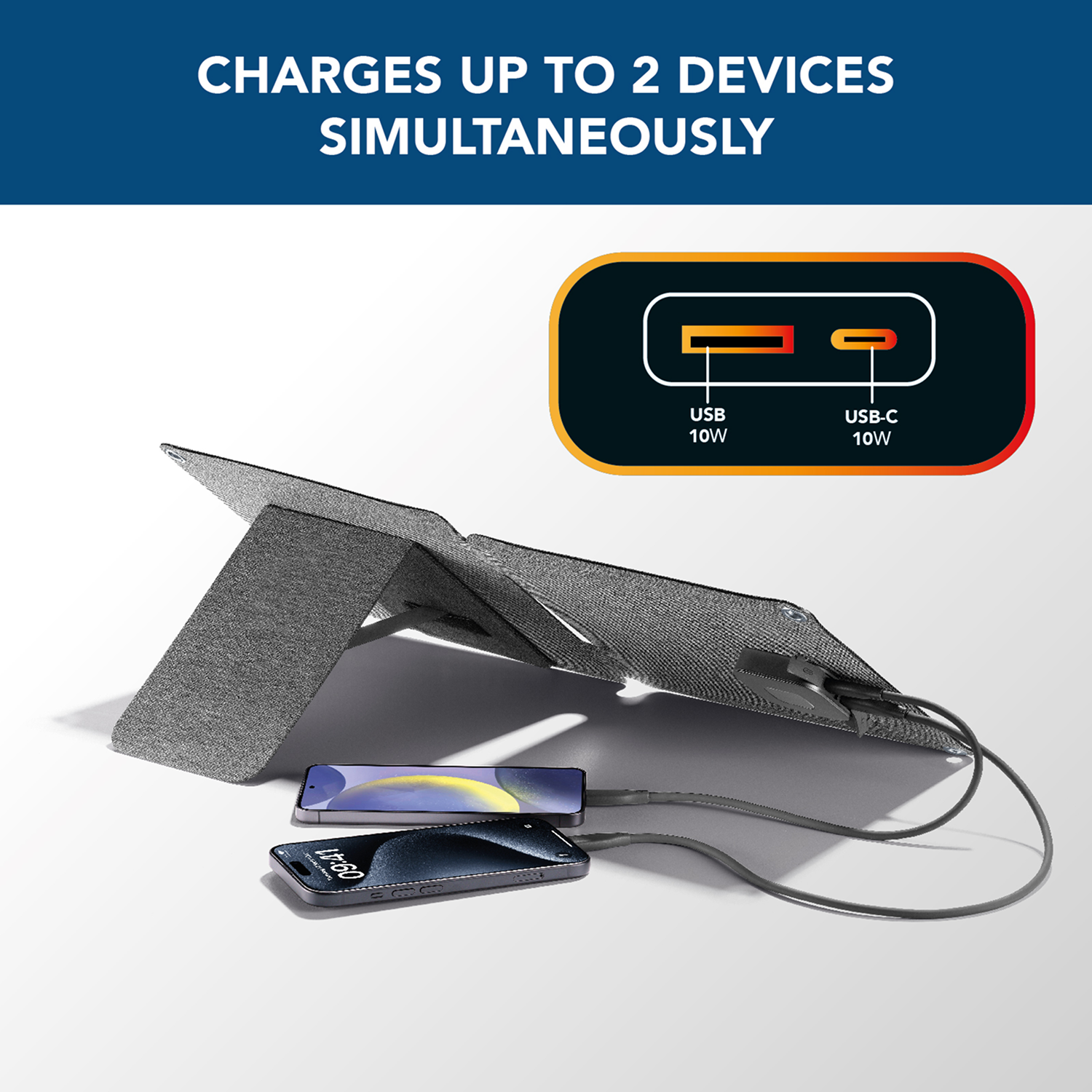 Un dispositivo gris plegable carga dos teléfonos. La imagen muestra un puerto USB y USB-C con texto que indica la carga simultánea de dos dispositivos.