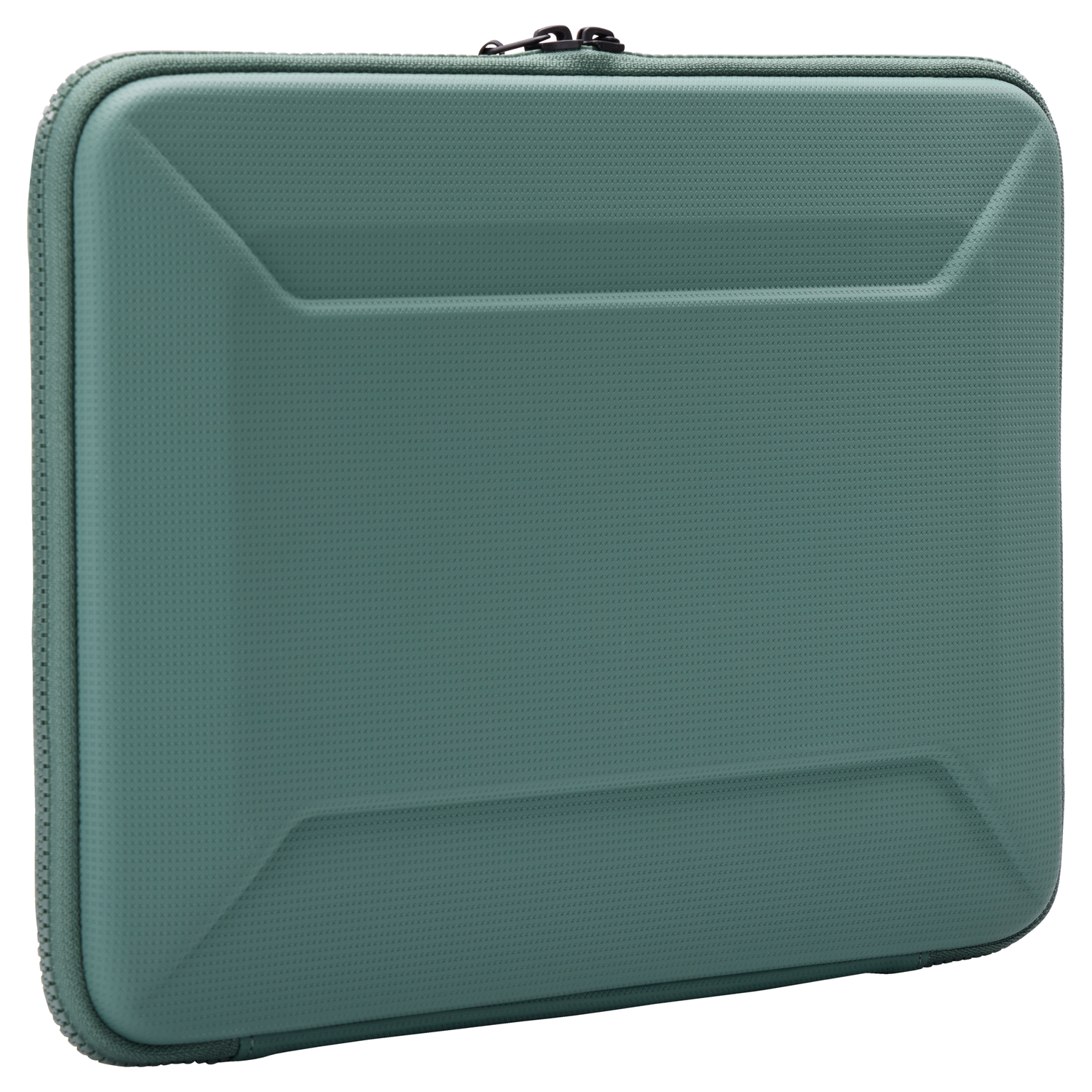 A teal laptop case with a textured surface and a black zipper. The case has a rectangular shape with rounded corners.