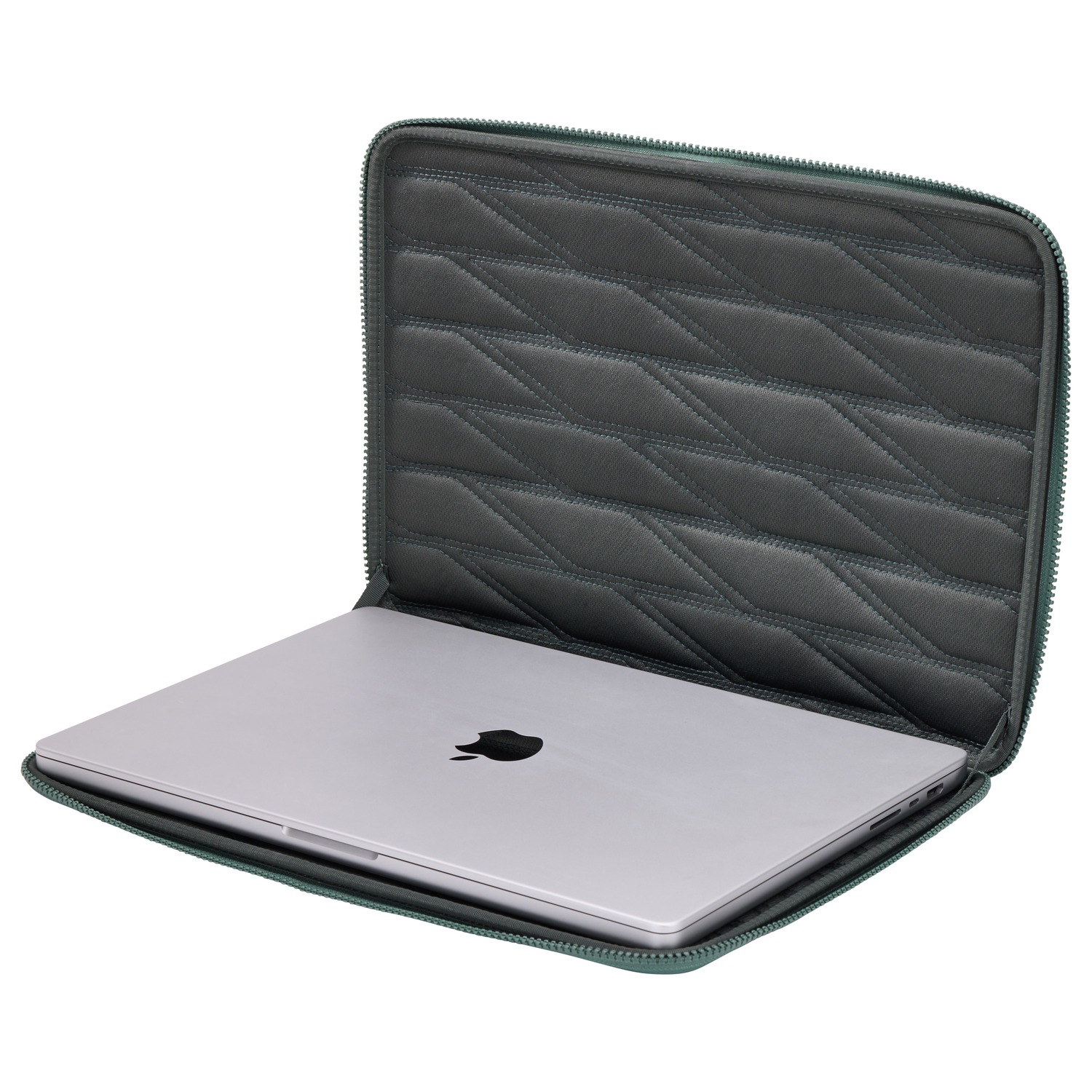A silver laptop is inside a dark green quilted laptop case, open. The background is white.