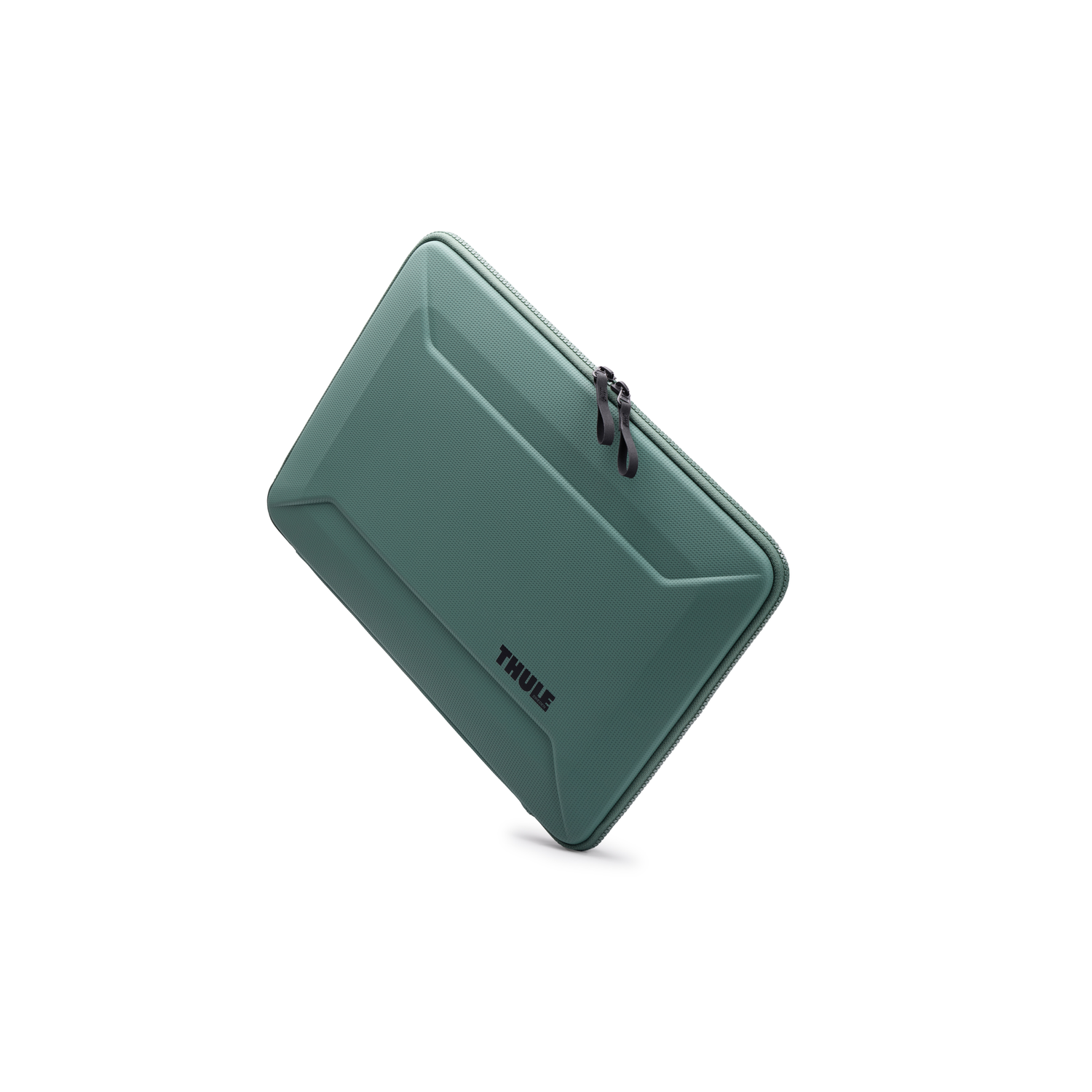 An angled green Thule case with a zipper, black zipper pulls, and the Thule logo on the bottom. White background.