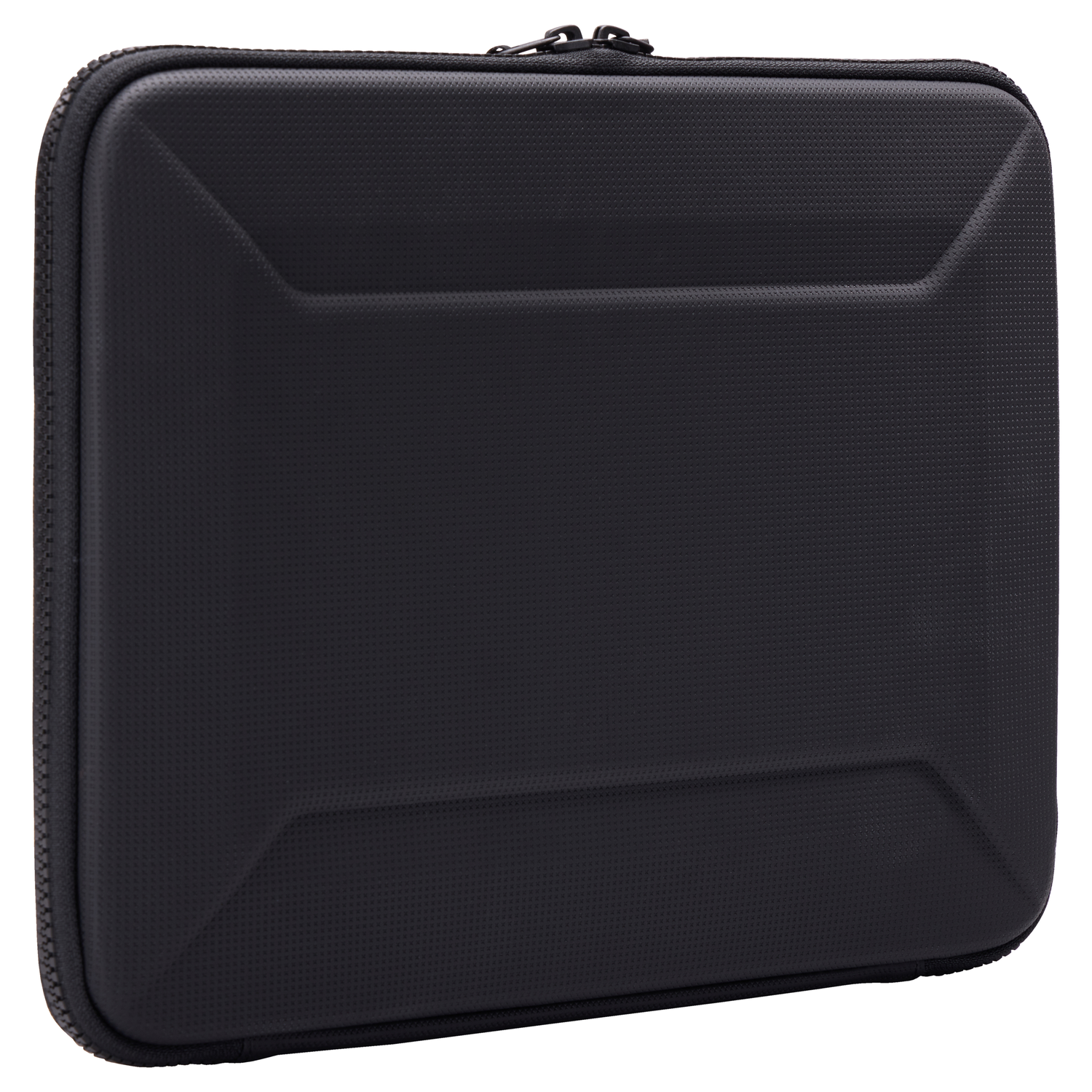 A black, rectangular laptop case with a zipper. The case has textured surface and a geometric design on the front.
