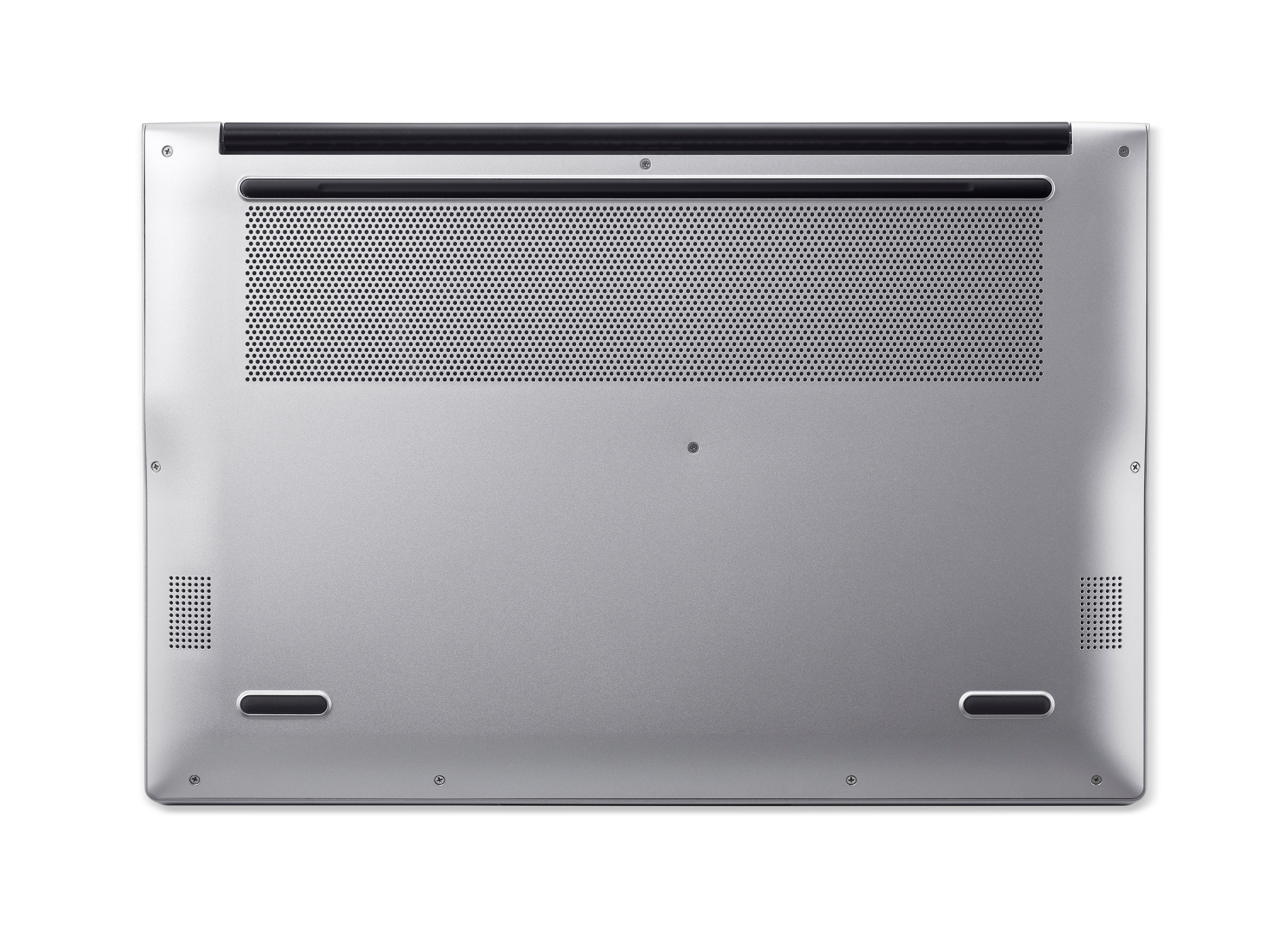Unterseite eines silbernen Laptops. Merkmale sind Lüftungsschlitze, Schrauben und ein schwarzer Balken. Die Oberfläche ist glatt.