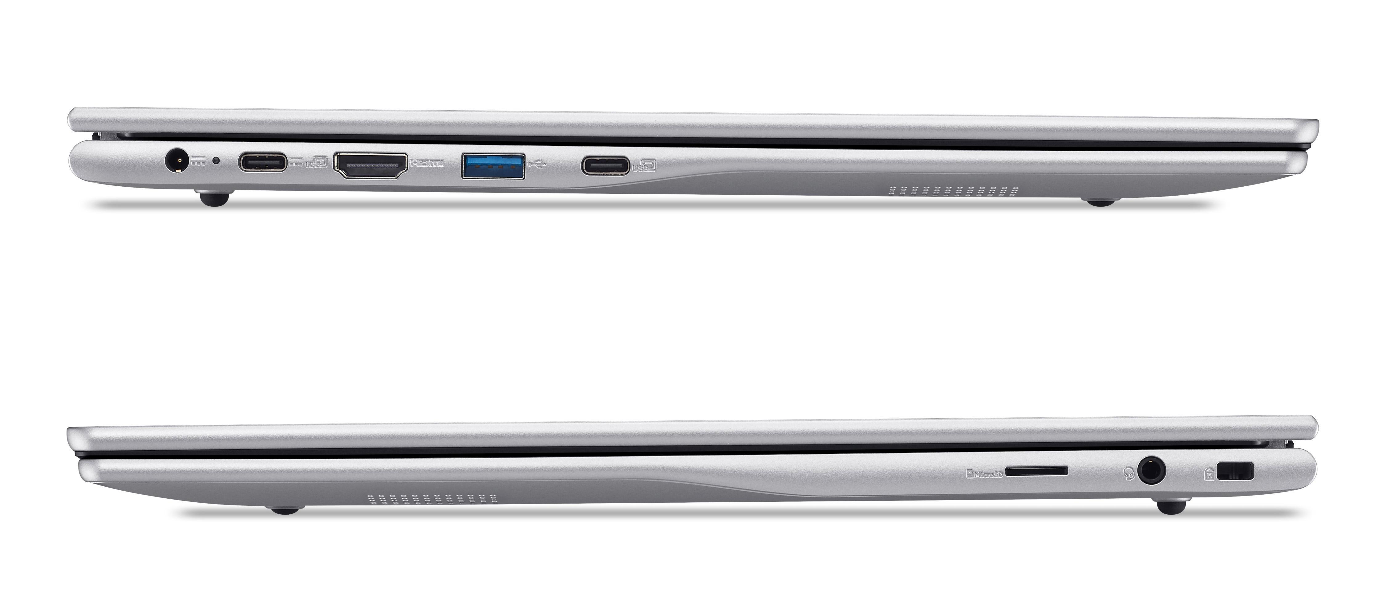 Silberner Laptop-Seitenansicht, zeigt Anschlüsse und Stecker an den Kanten. Ein weißer Hintergrund hebt den Laptop hervor.