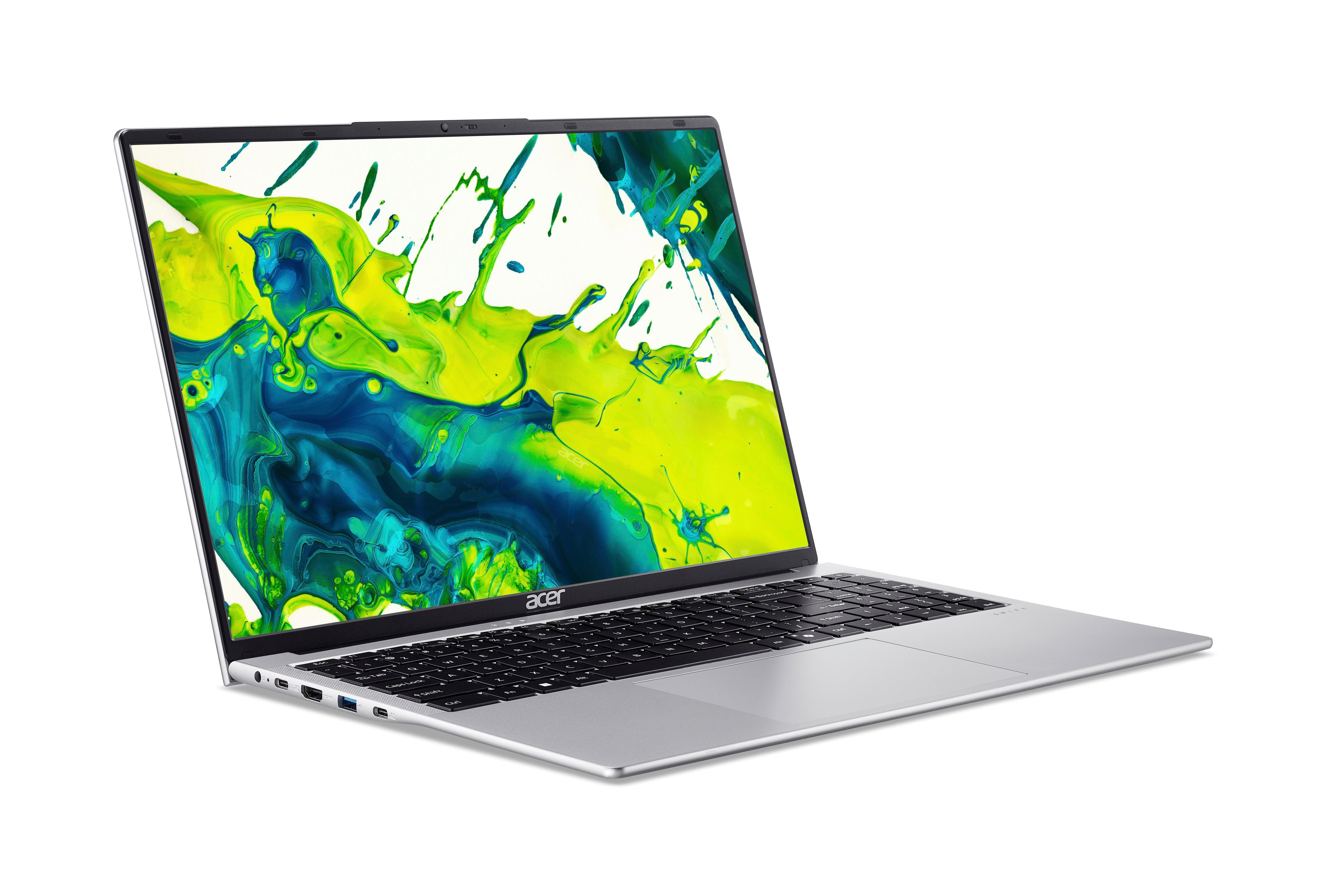 Silberner Acer-Laptop mit schwarzer Tastatur. Der Bildschirm zeigt farbenfrohe abstrakte Kunst. Weißer Hintergrund.