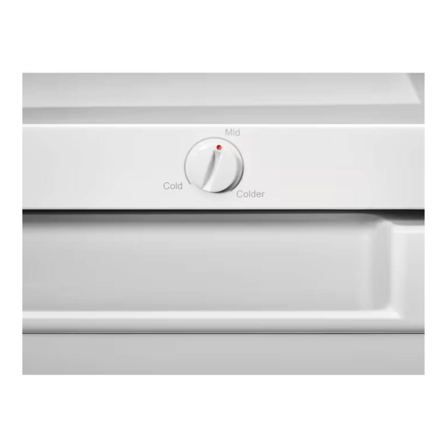 White refrigerator control panel. A knob indicates cold to colder. The knob is set to mid. The image shows a close-up view.