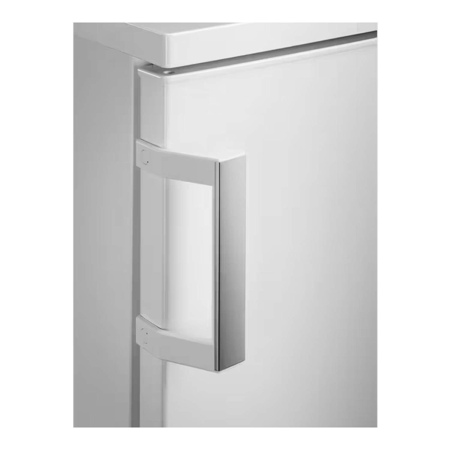 Close-up of a white cabinet door with a silver handle. The handle is rectangular and vertical. The door has a clean, modern design.