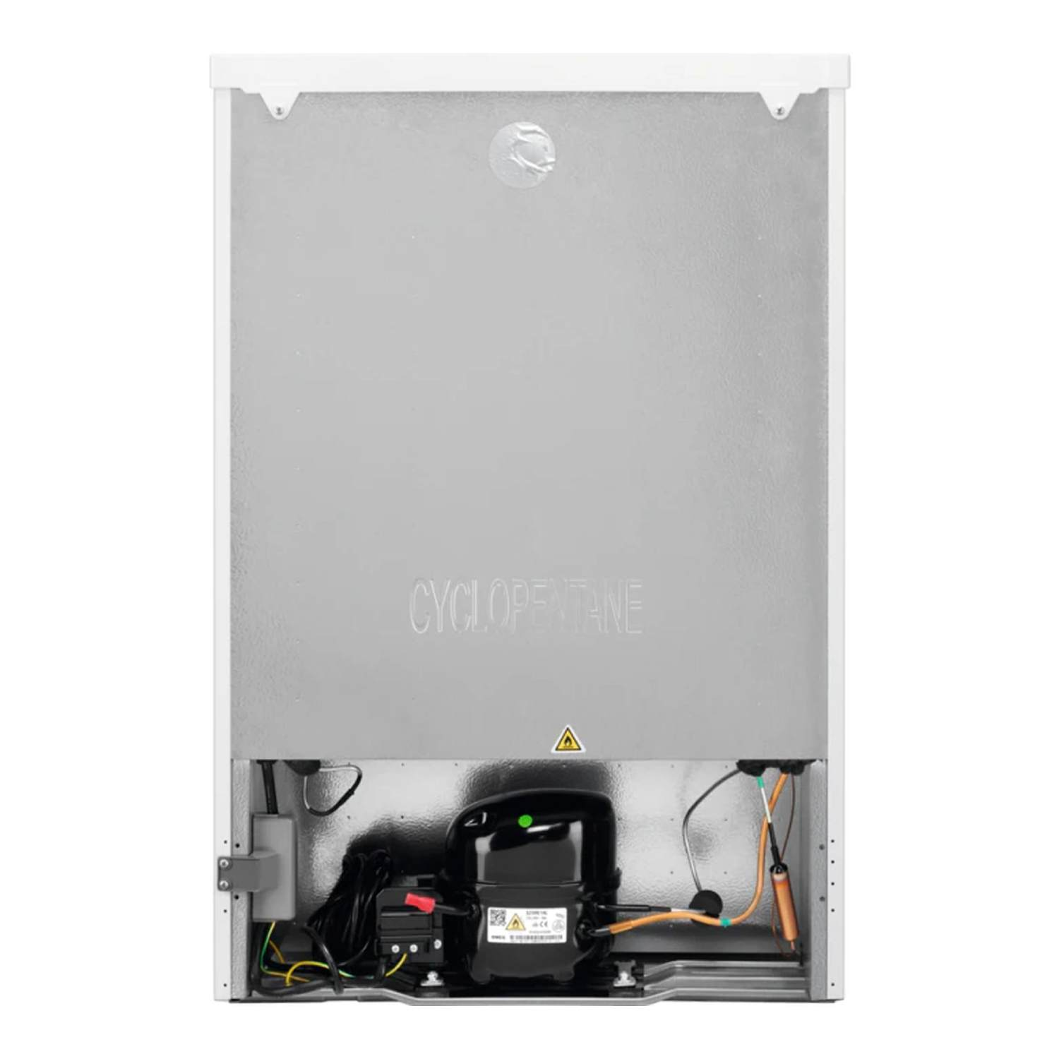 Back of a refrigerator. Includes compressor, wiring, and "CYCLOPENTANE" label. Metallic back panel, white frame.
