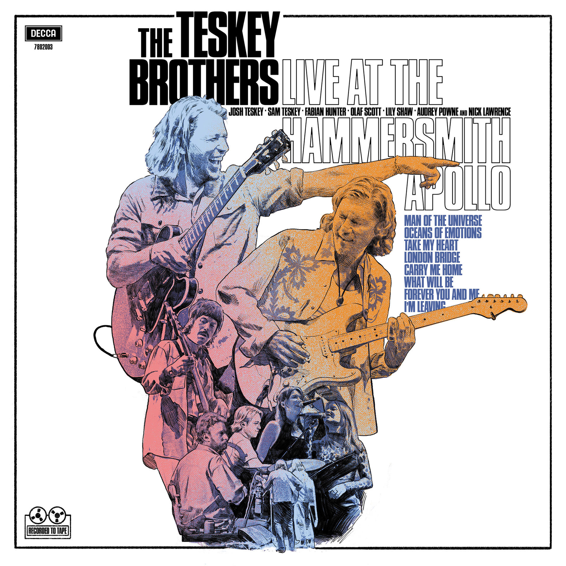 Albumcover. The Teskey Brothers, Live at the Hammersmith Apollo. Musiker spielen Instrumente, verschiedene Farben und Schriftarten.