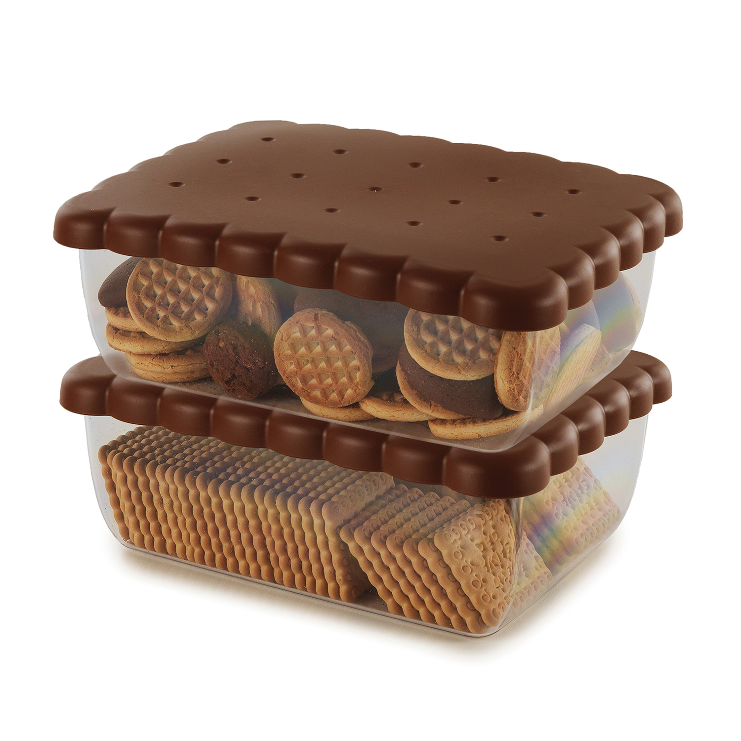 Contenitore trasparente a due livelli pieno di biscotti e cracker. Coperchio marrone scuro a forma di biscotto.
