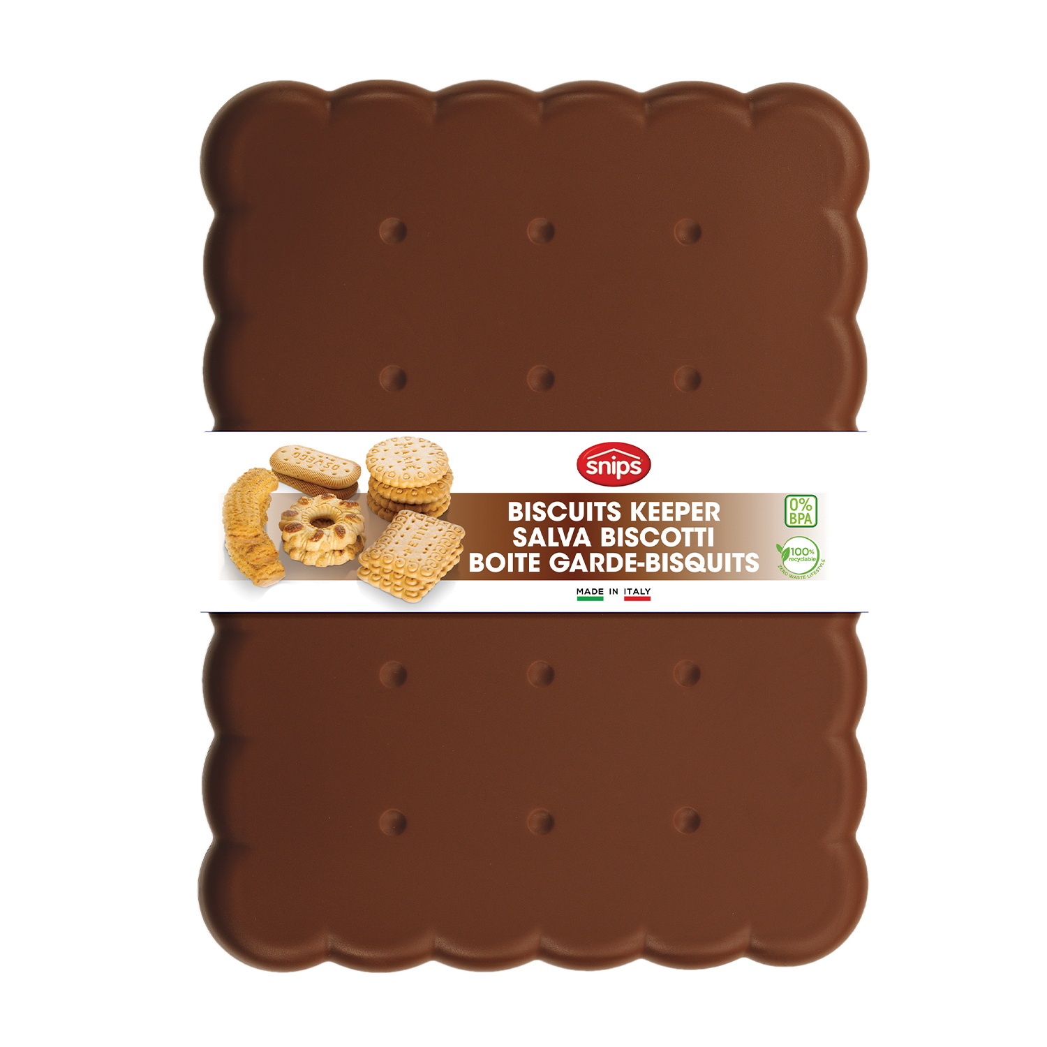 Due contenitori marroni a forma di biscotto. Un'etichetta al centro mostra biscotti.