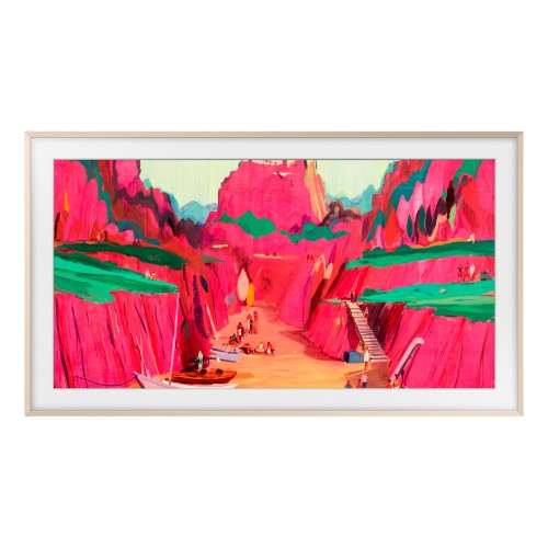 Une peinture vibrante représente un canyon rose avec de l'herbe verte, des bateaux et des personnes sur une plage. Un escalier en bois monte la paroi du canyon.