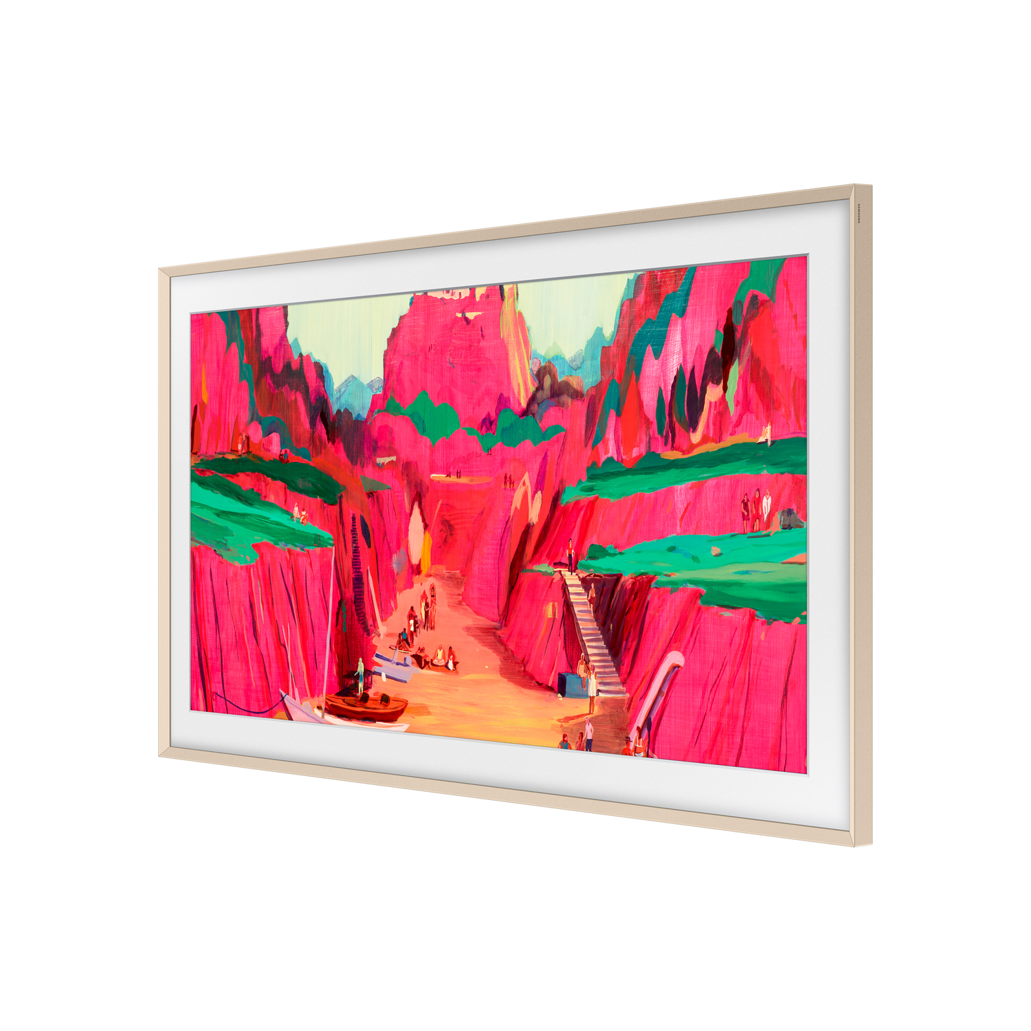 Peinture d'un canyon avec des falaises rouges, des bateaux et des personnes. Un écran à cadre blanc dans un cadre doré affiche l'œuvre.