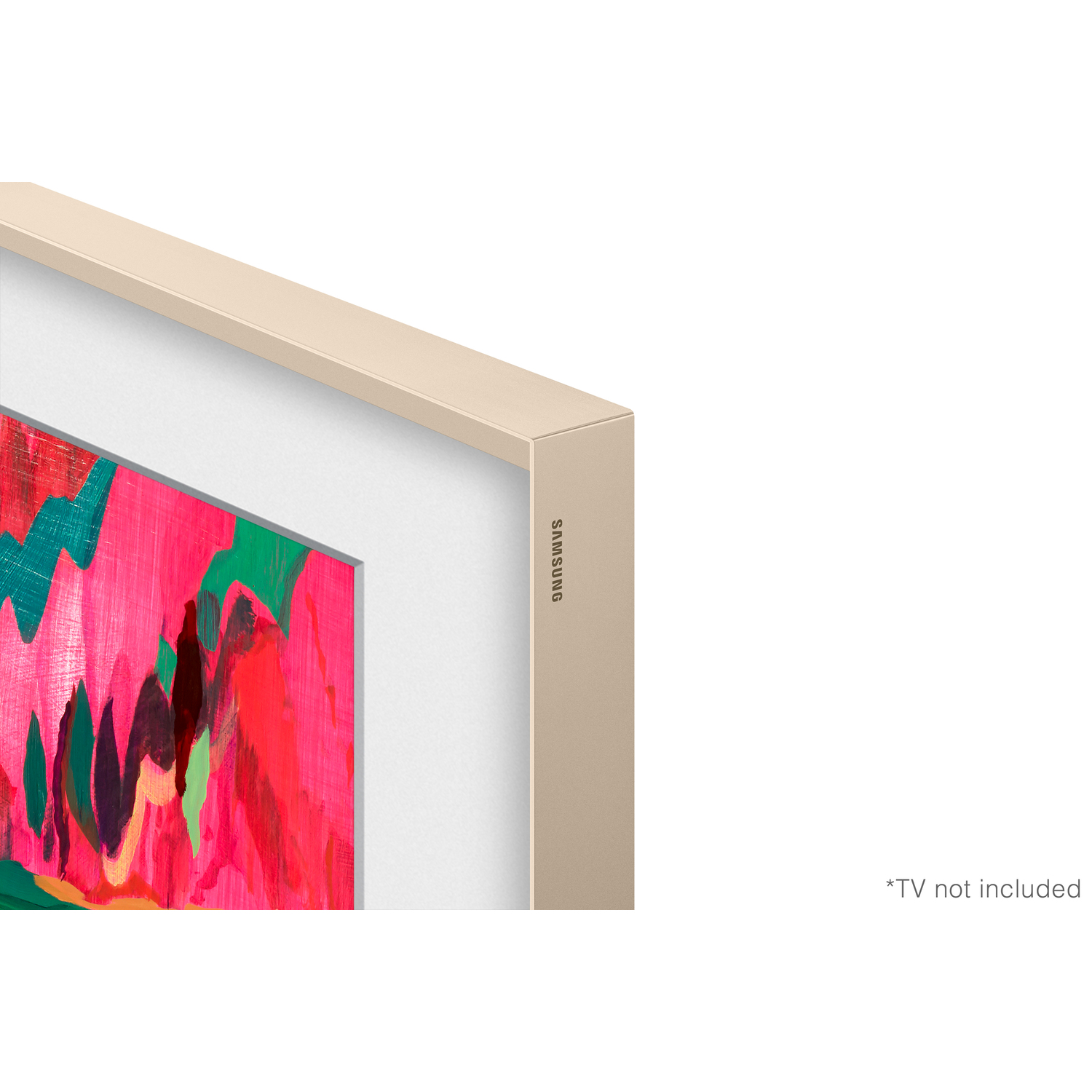 Une œuvre d'art moderne dans un cadre beige. La peinture présente des coups de pinceau roses et verts vibrants sur fond blanc.