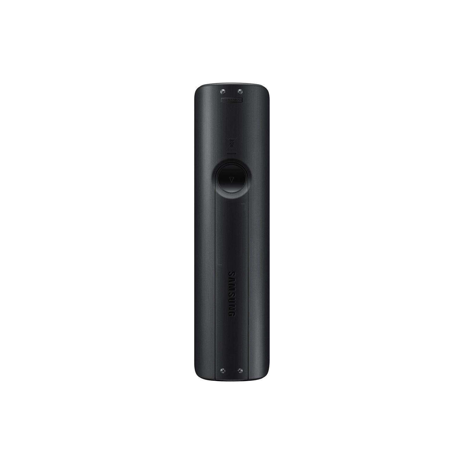 A black Samsung remote control, with a circular directional pad and a button in the center, is isolated against a white background.