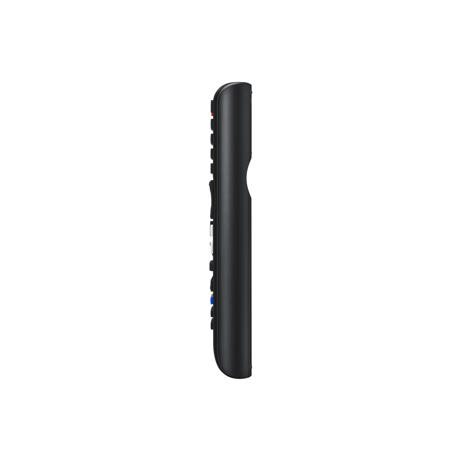 A black TV remote control is shown vertically. Buttons are visible, some in red and blue, against a white background.