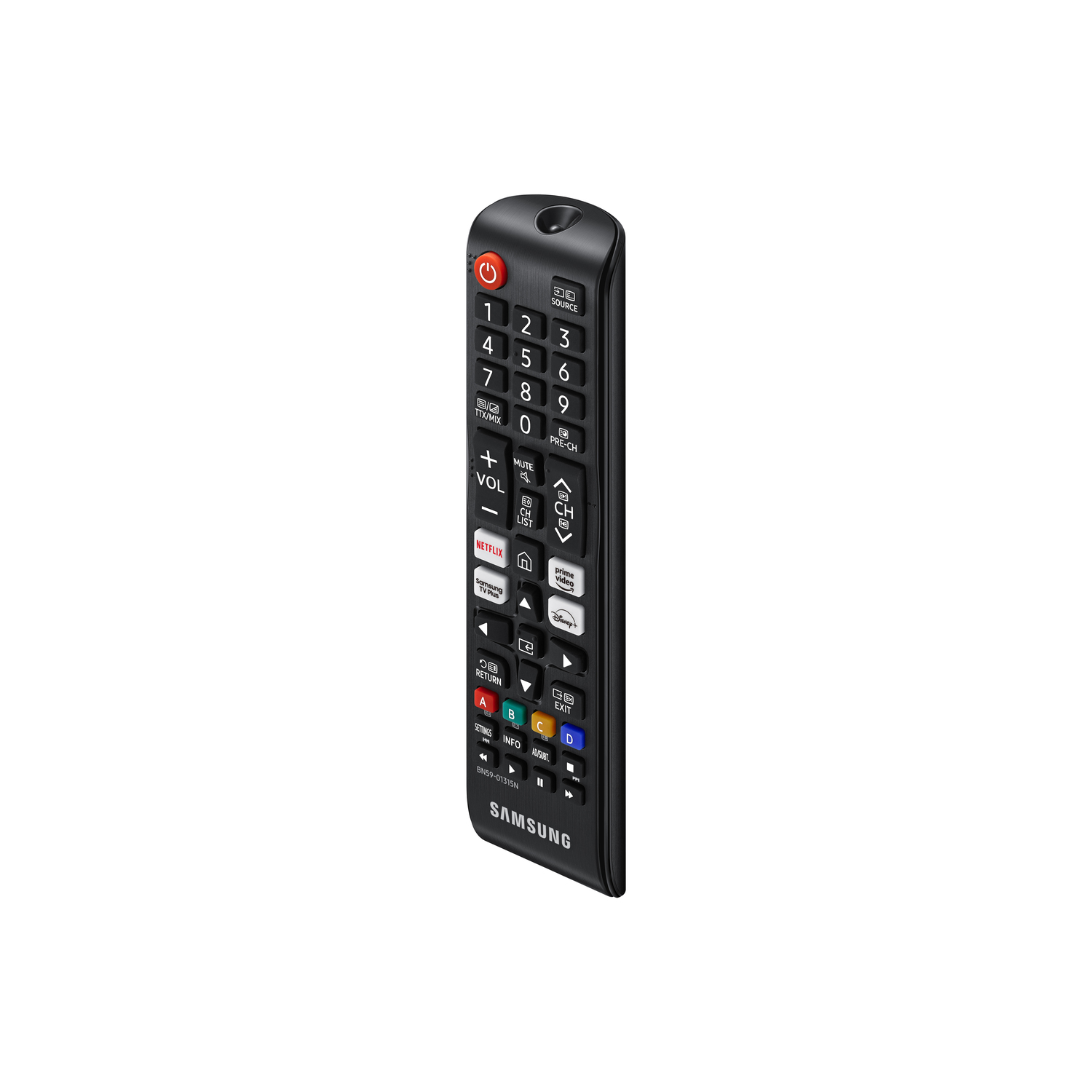 A black Samsung remote control with many buttons, including numbers, volume, and Netflix. The power button is red.