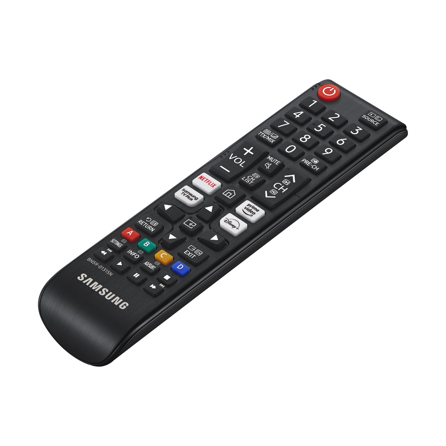 Black Samsung TV remote. It has buttons for numbers, volume, channels, and streaming services like Netflix and Disney+.