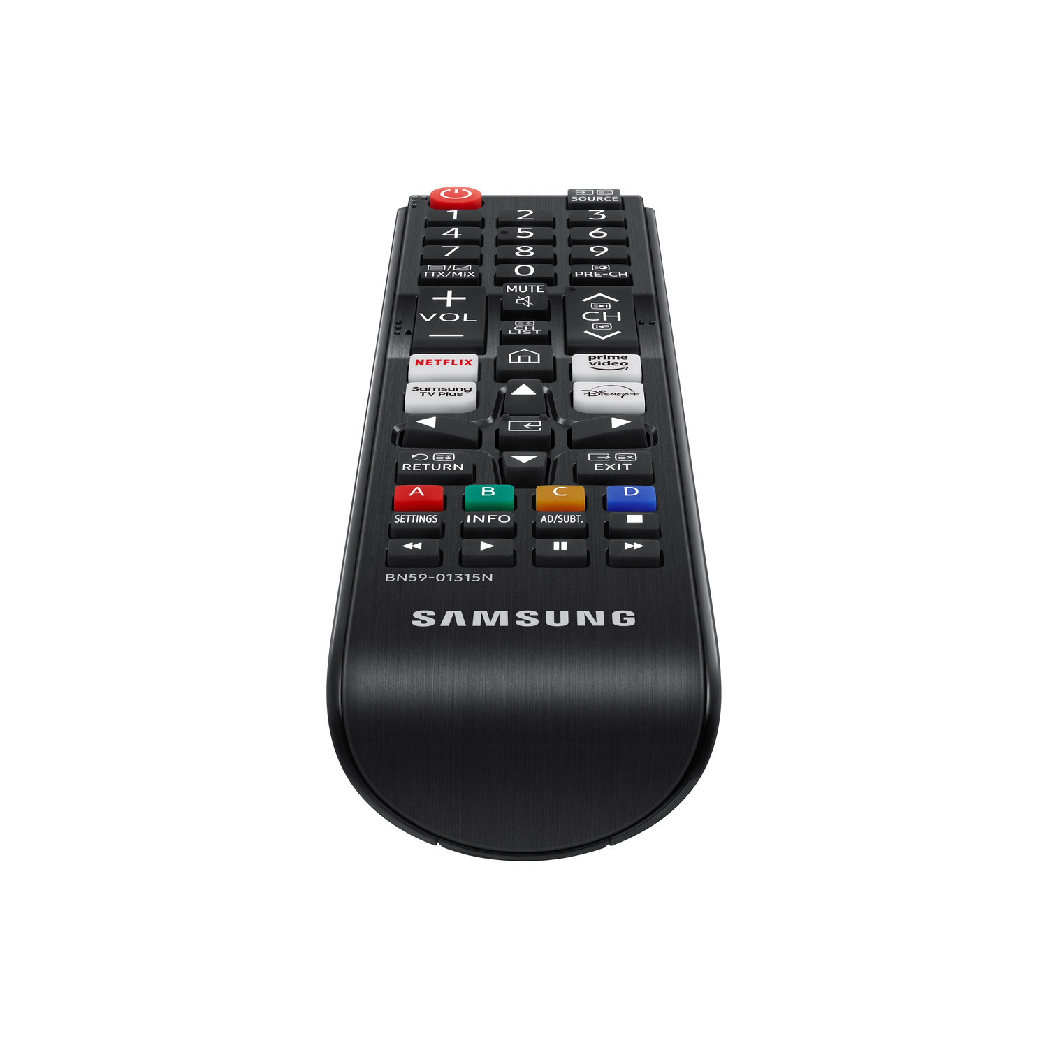 A black Samsung TV remote control with many buttons, including Netflix, volume, and channel controls. The brand name is visible.