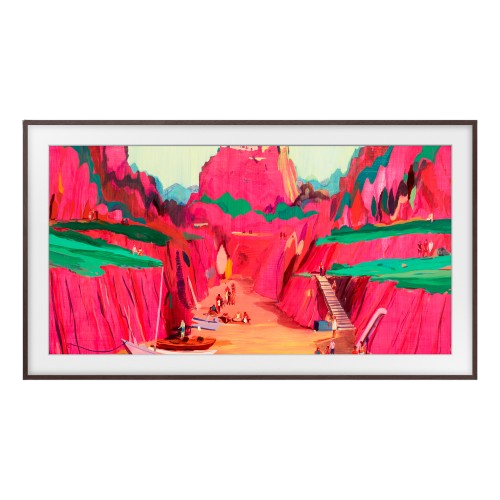 Une peinture vive représente une scène de canyon avec des falaises roses, des rebords verts et des personnes. Des bateaux sont en bas, des escaliers montent les falaises.