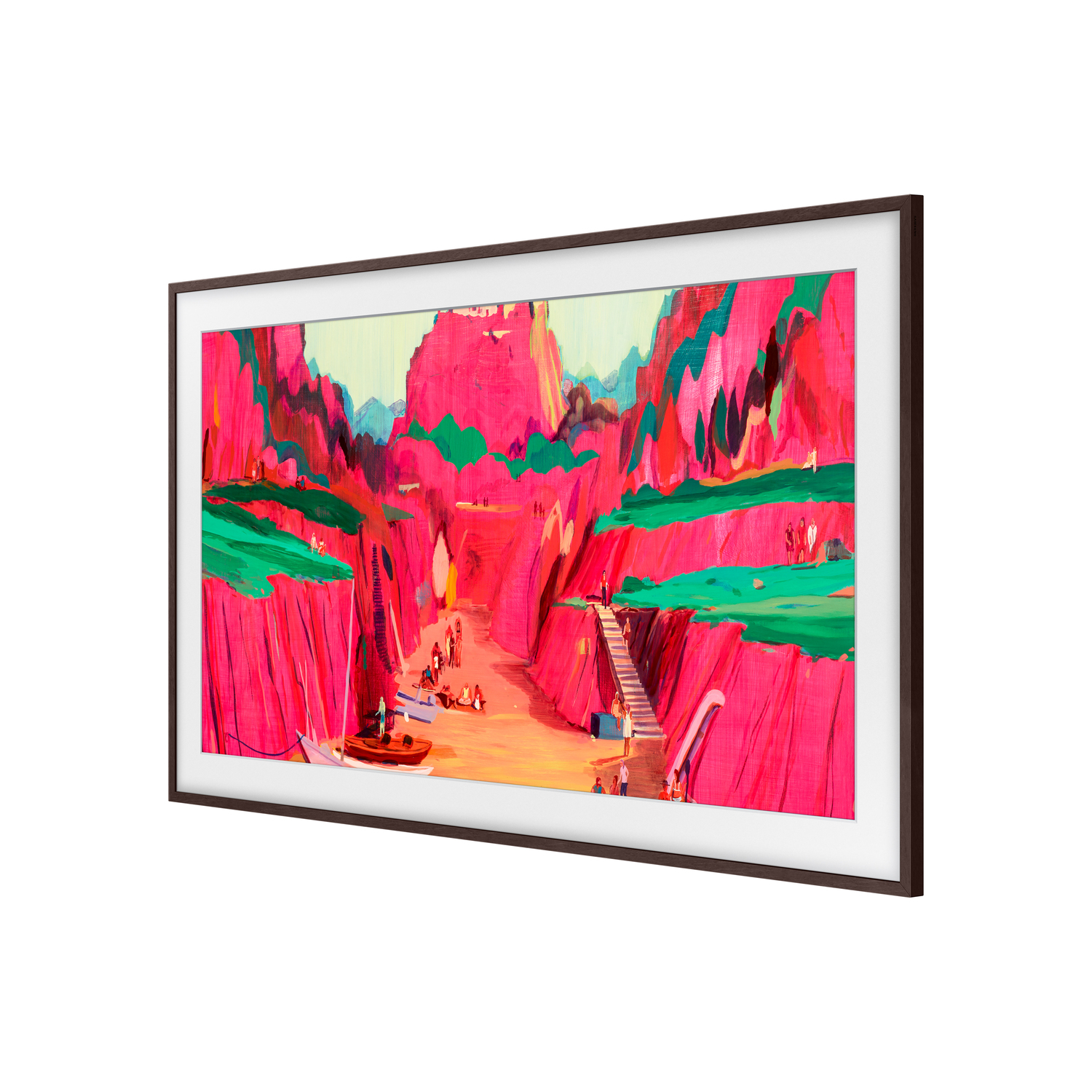Une peinture vibrante d'une scène de canyon. Des formations rocheuses rouges, des taches vertes, des bateaux et des personnages sont visibles. Un escalier monte.