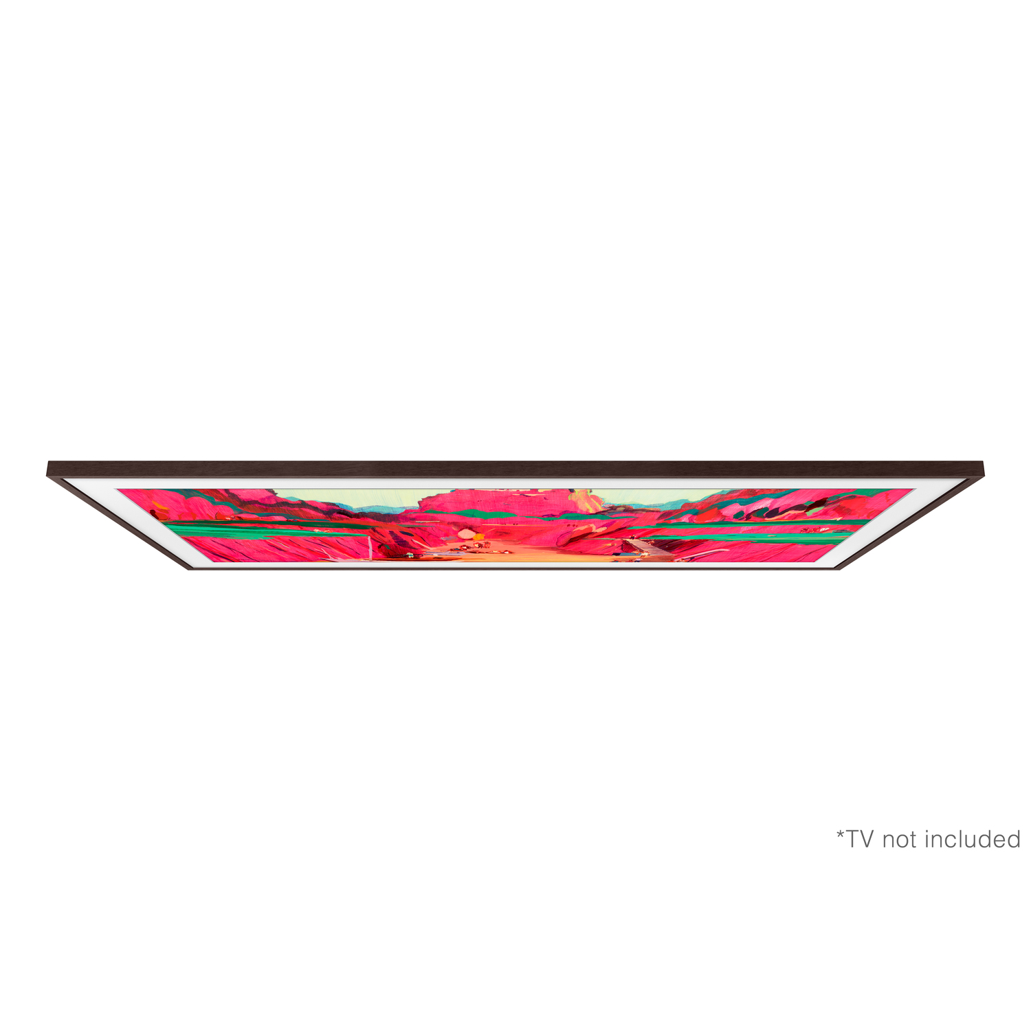 Un écran rectangulaire encadré affiche une peinture de paysage colorée. Le cadre est marron. Le fond est blanc.