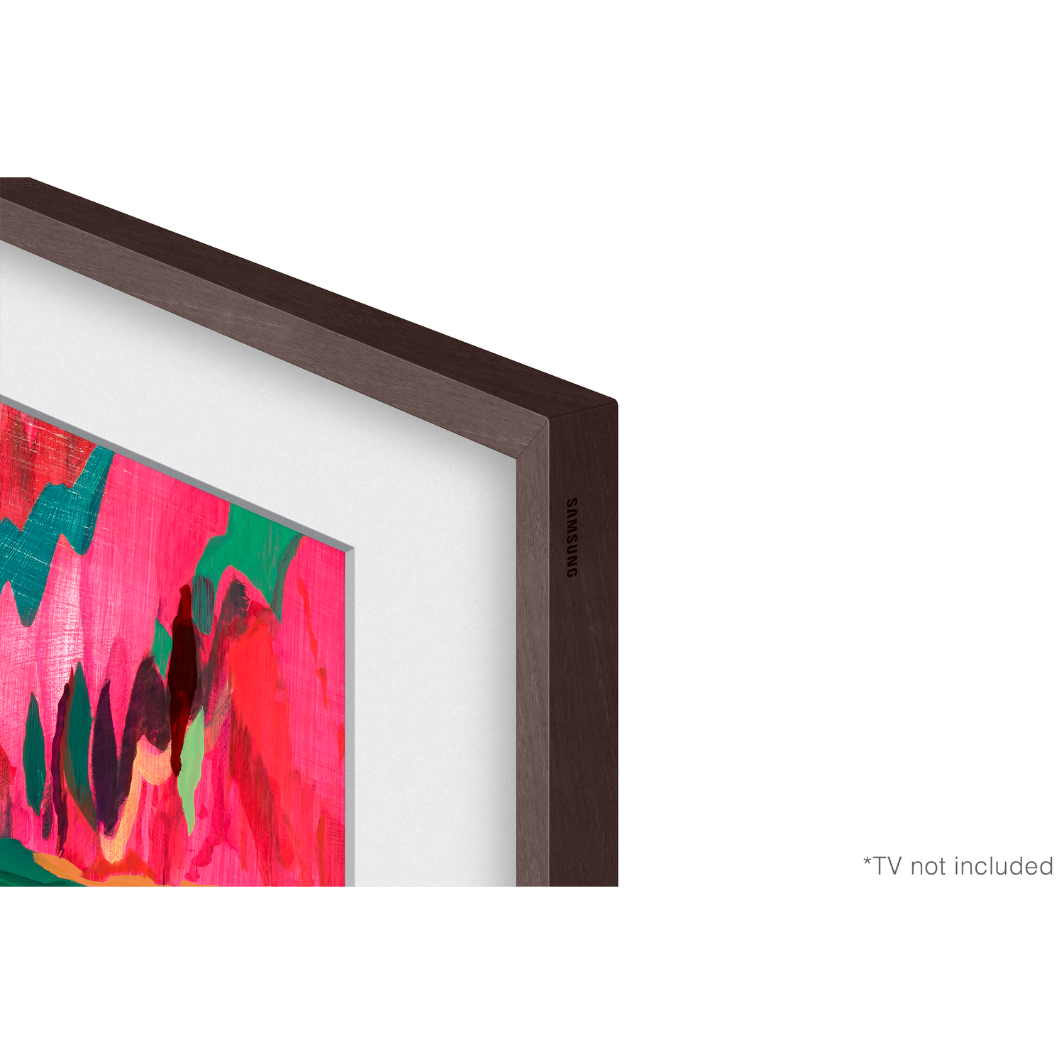 Un cadre marron entoure une œuvre d'art colorée avec des coups de pinceau rouges, verts et noirs. Espace blanc à droite.