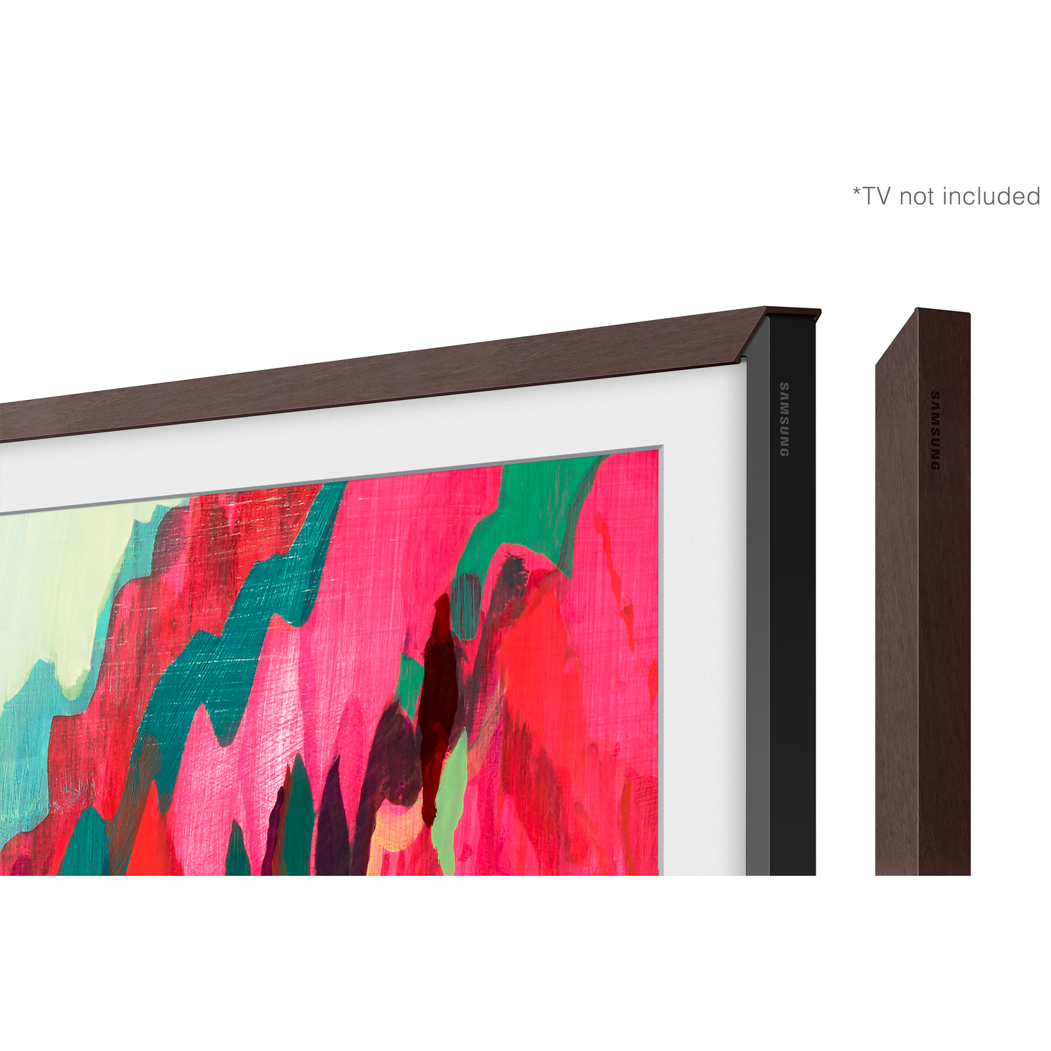 Un cadre de téléviseur avec de l'art abstrait. Le cadre est marron foncé, avec un panneau latéral noir. Une pièce marron séparée est à droite.