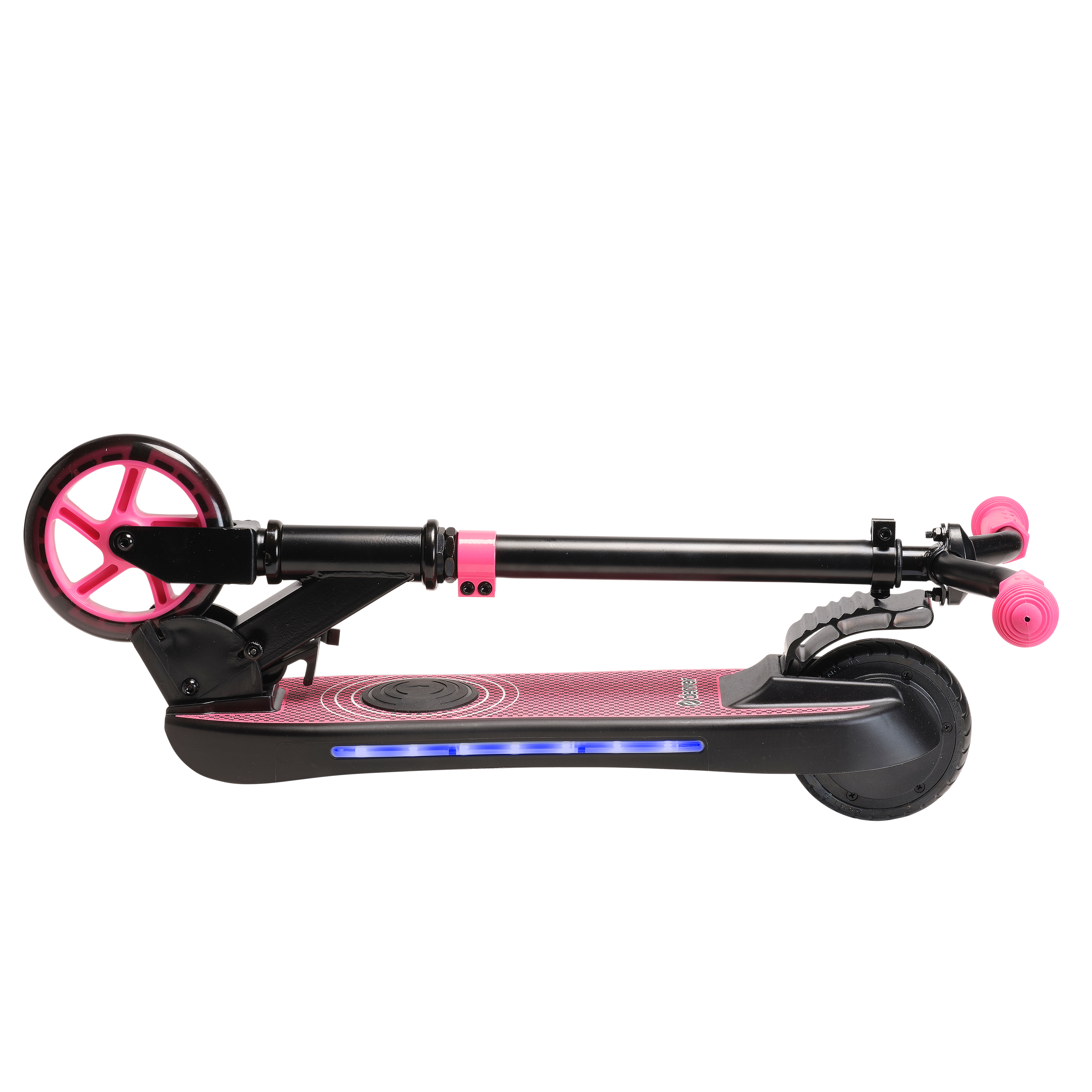 Schwarzer und pinkfarbener Elektroroller auf weißem Hintergrund. Er hat pinke Räder und Griffe.