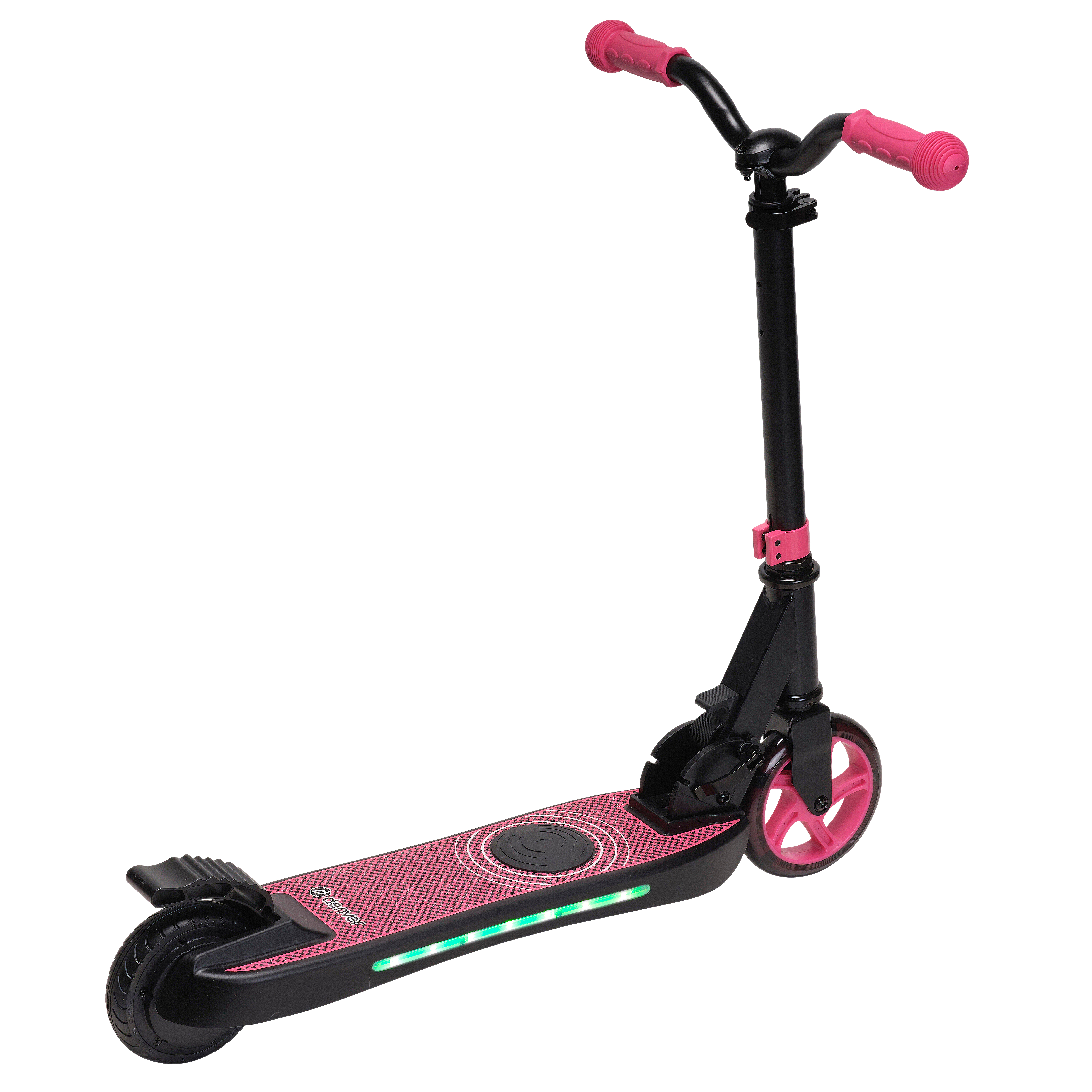 Ein schwarzer und rosa Elektroroller. Er hat rosa Räder und Lenkergriffe. Das Deck hat ein rosa und weißes Muster.