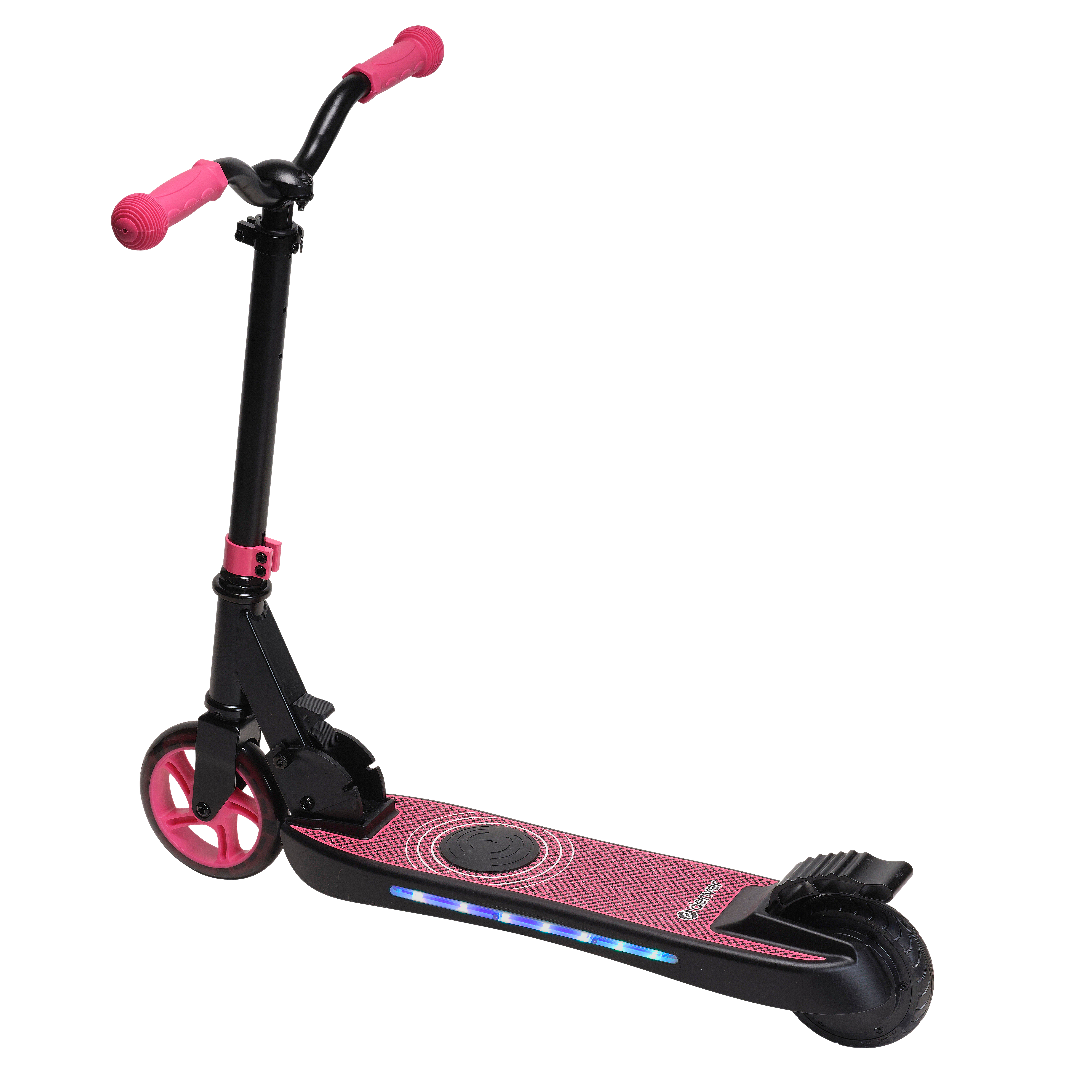 Ein schwarzer und rosa Elektroroller. Er hat rosa Griffe und Räder. Das Deck hat ein rosa Karomuster.