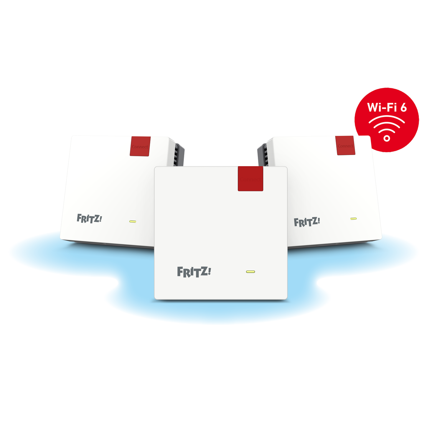 Drie witte wifi-routers met rode accenten en het 'Fritz!'-logo. Een rood Wi-Fi 6 logo op de achtergrond.