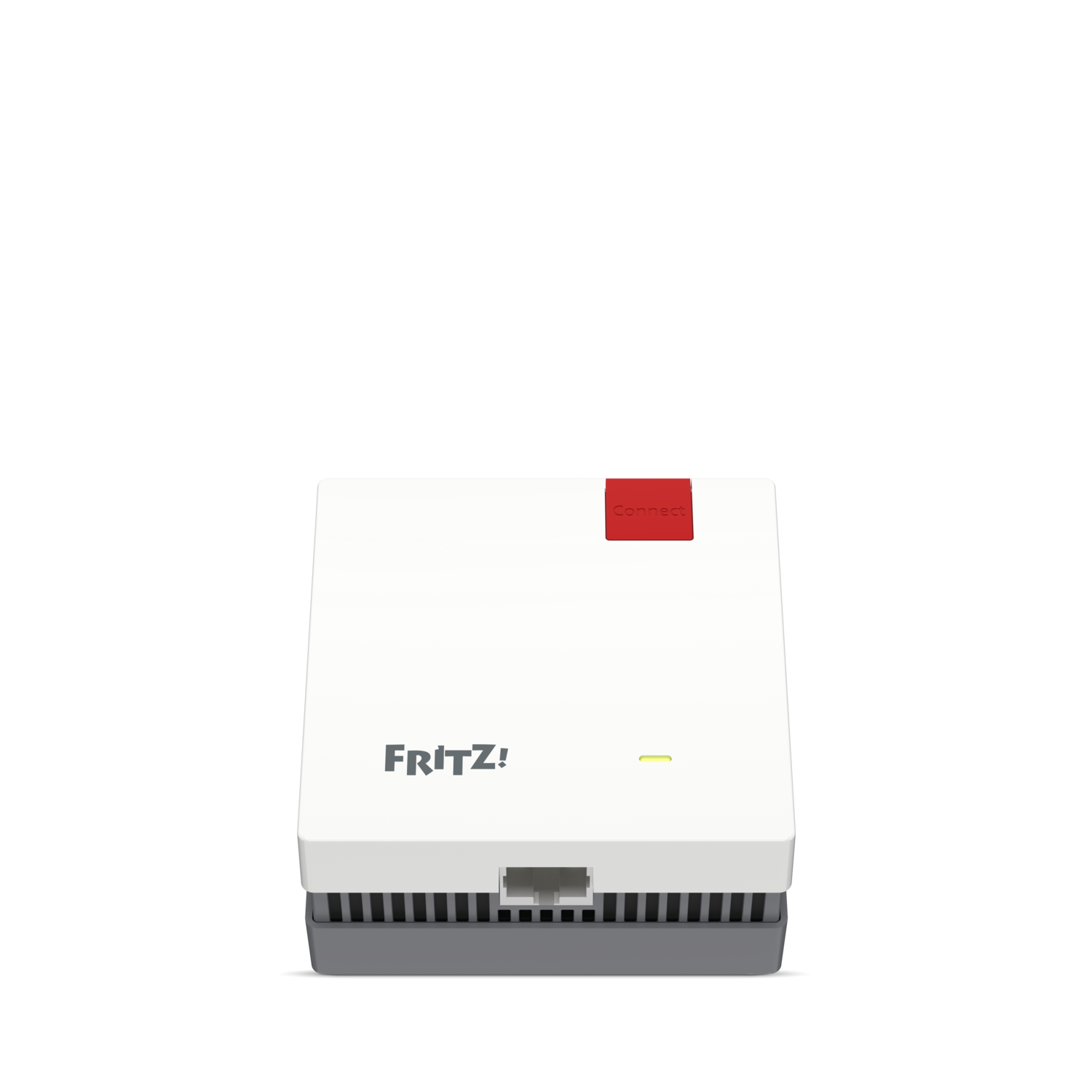 Een wit en grijs elektronisch apparaat met het woord "Fritz!" erop. Het heeft een rode "Connect" knop en een groen licht.