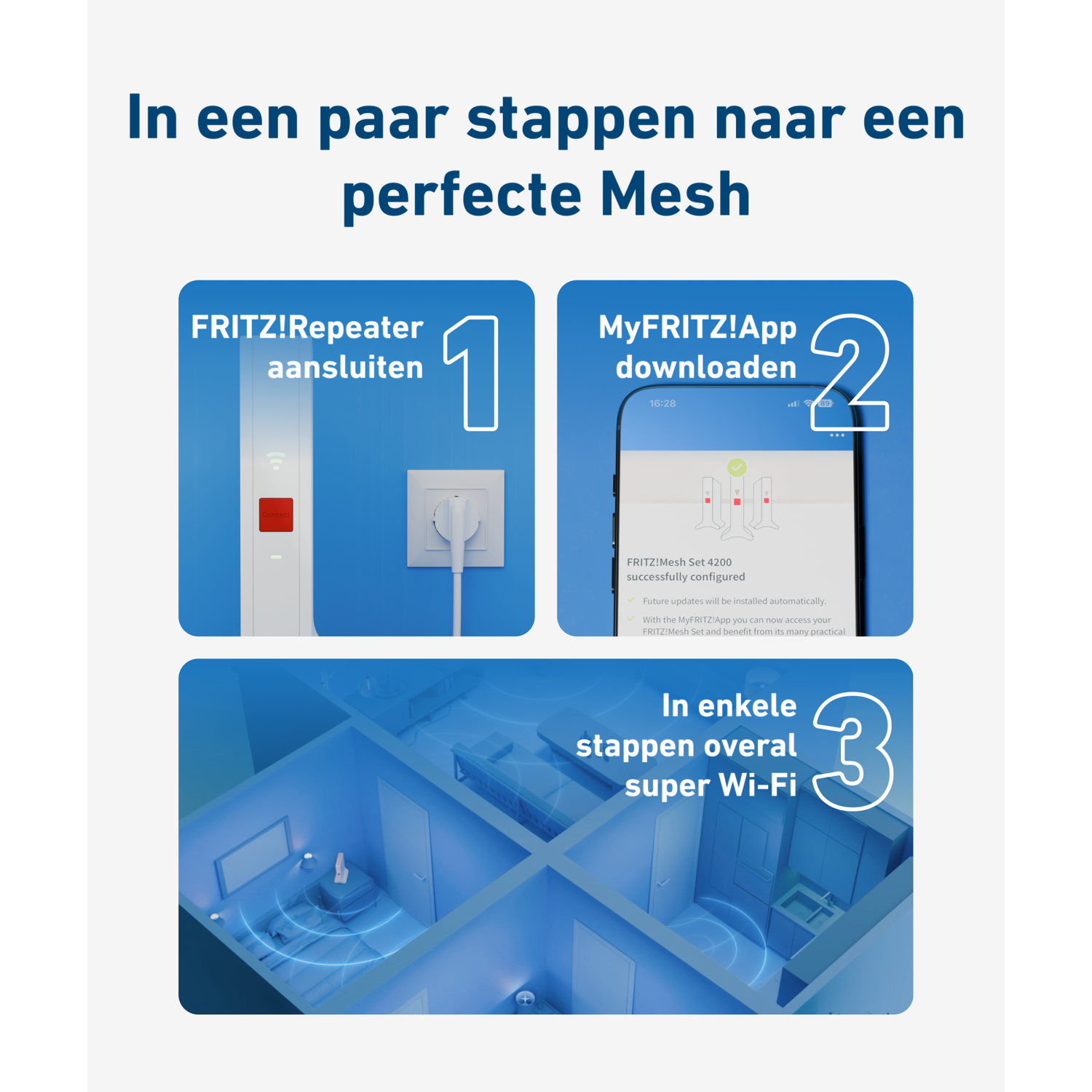 Afbeelding toont drie stappen voor een perfecte mesh-netwerk setup. Inclusief repeaterverbinding, app downloaden en algemene Wi-Fi.