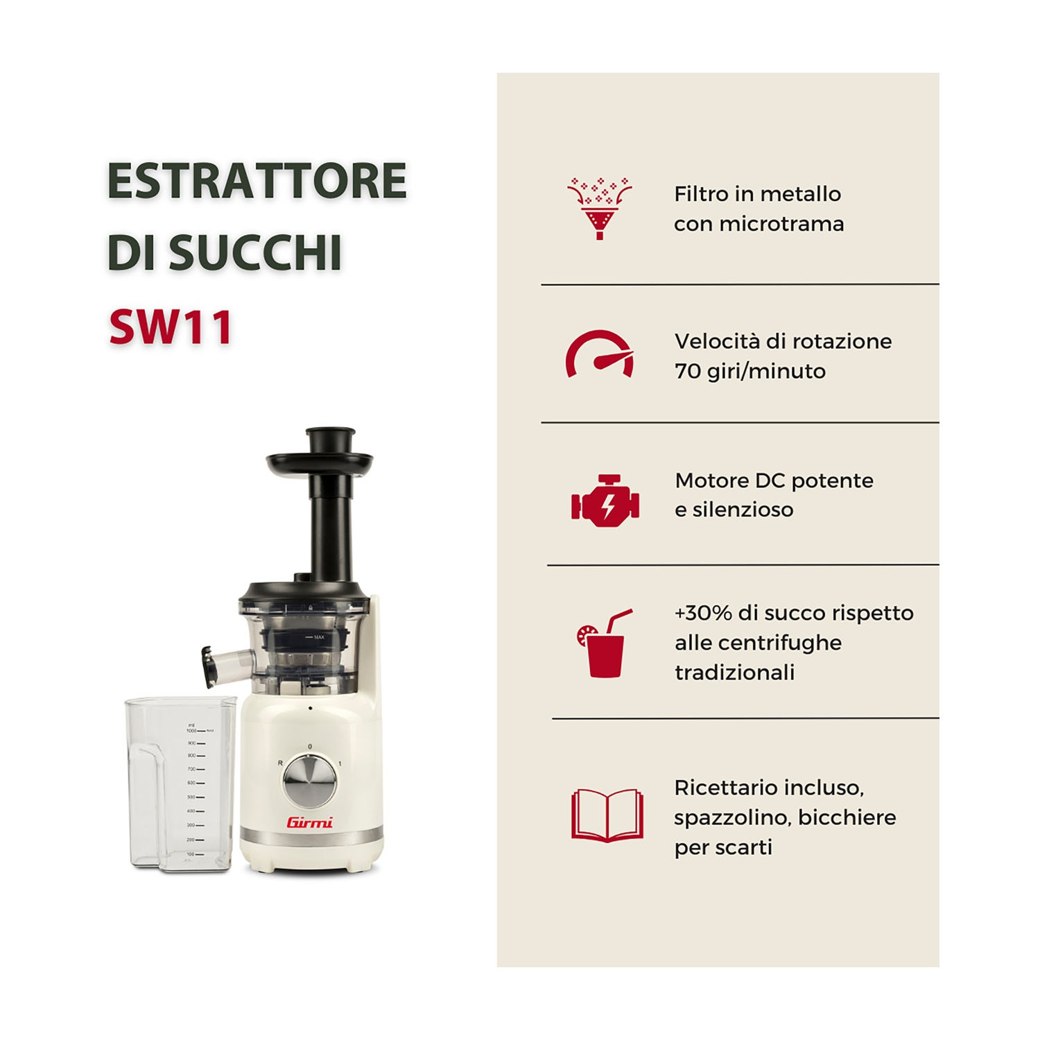 Un estrattore Girmi bianco con parte superiore nera e misurino a sinistra. Il testo descrive le sue caratteristiche.