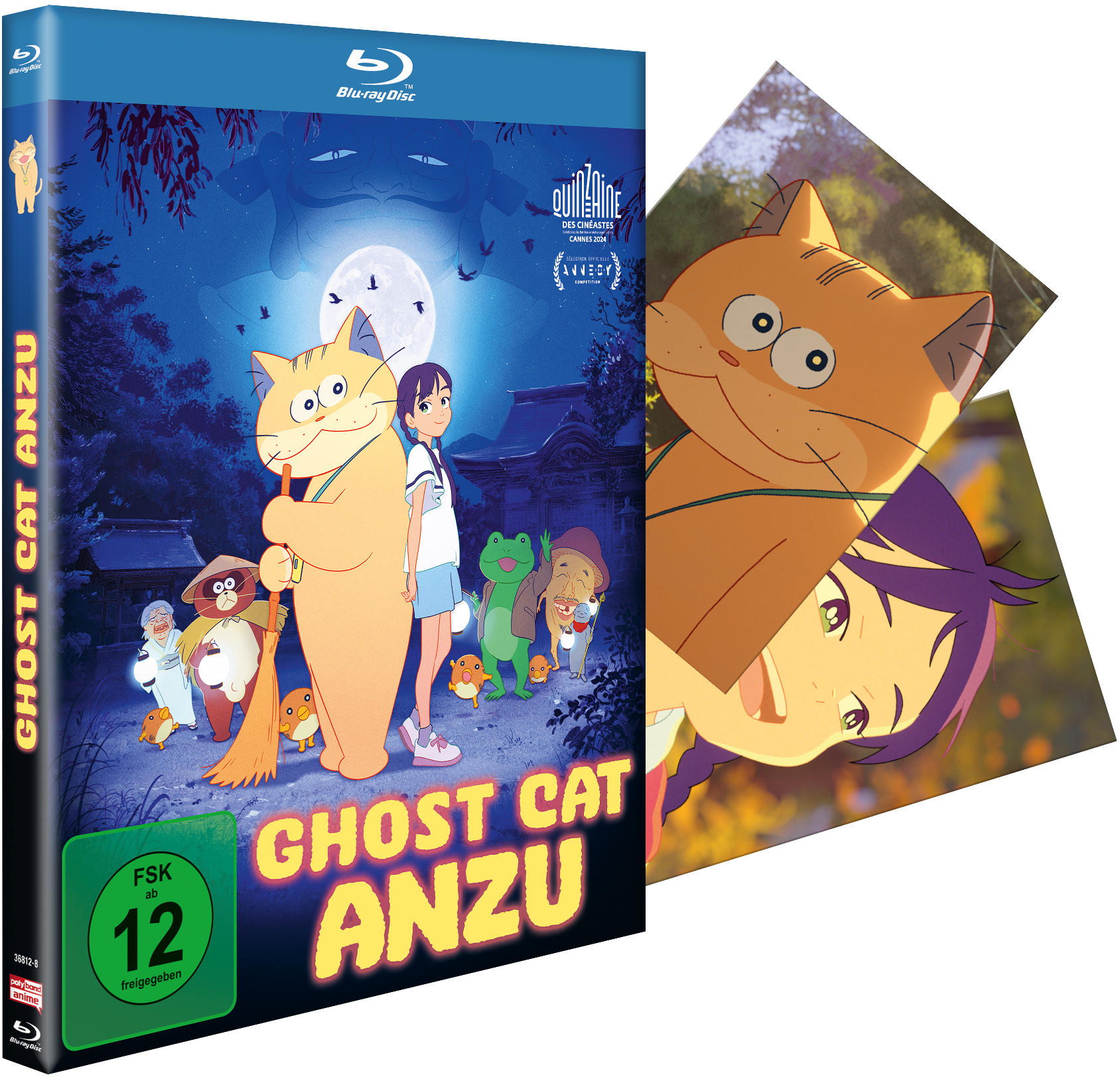 Blu-ray-Cover des Animationsfilms Ghost Cat Anzu. Zeigt eine große Katze mit einem Mädchen, andere Charaktere und einen Vollmond im Hintergrund.