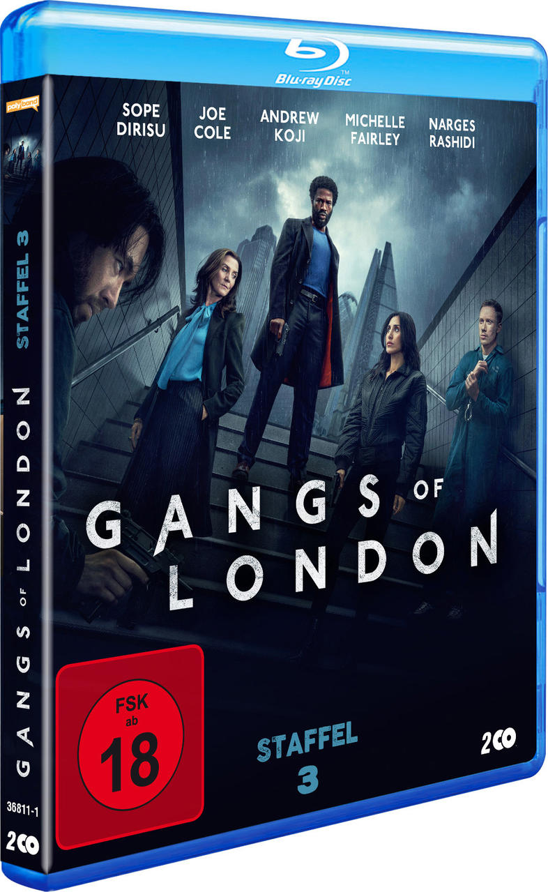 DVD-Cover von 'Gangs of London'. Schauspielergruppe auf Treppe. Text enthält Namen der Schauspieler und 'Staffel 3'.