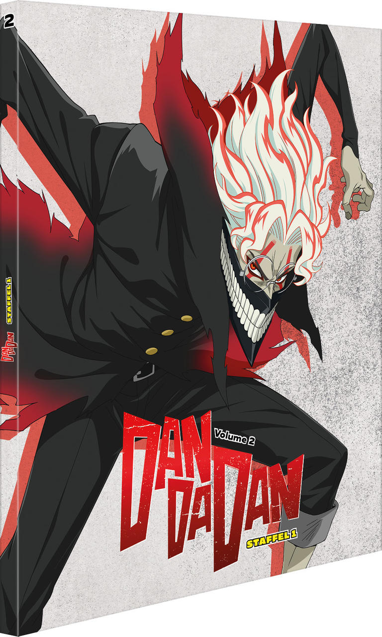Anime-Cover. Figur in schwarzem Anzug, weißem Haar, roten Akzenten und Maske mit Zähnen. Titel: "Dan Da Dan".