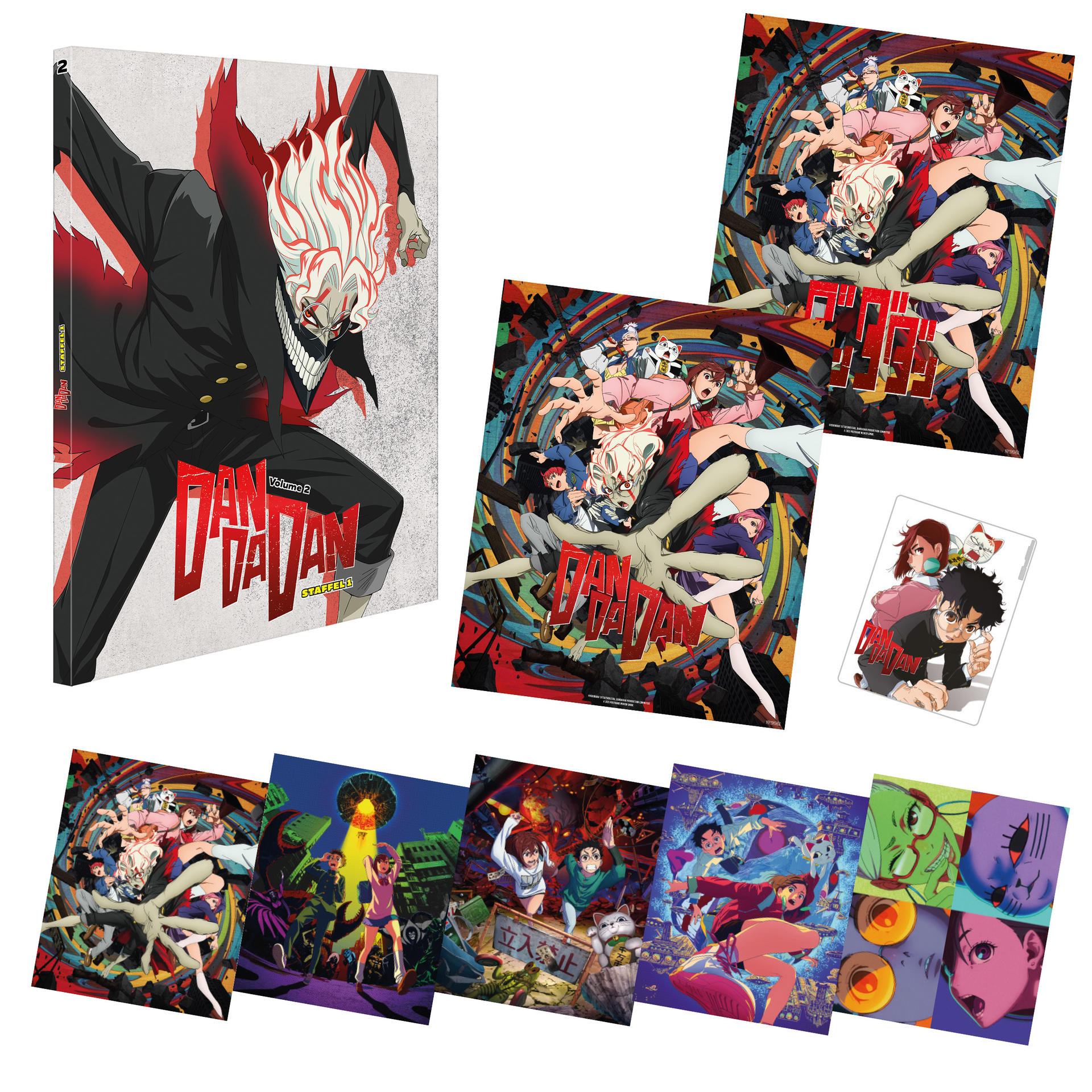Anime-Merchandise mit verschiedenen Covern. Ein großes Cover zeigt eine Figur mit weißen Haaren und einem schwarzen Anzug, Band 2.