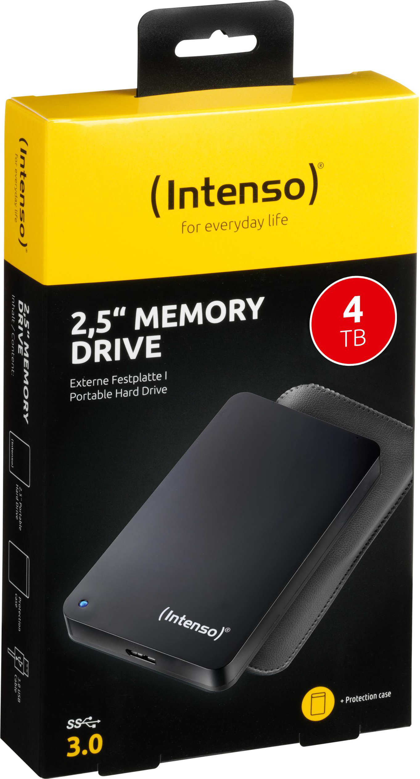 Une boîte de disque dur noir Intenso 2.5" Memory Drive. Elle comprend un disque dur noir dans un étui en cuir. La boîte est jaune et noire.