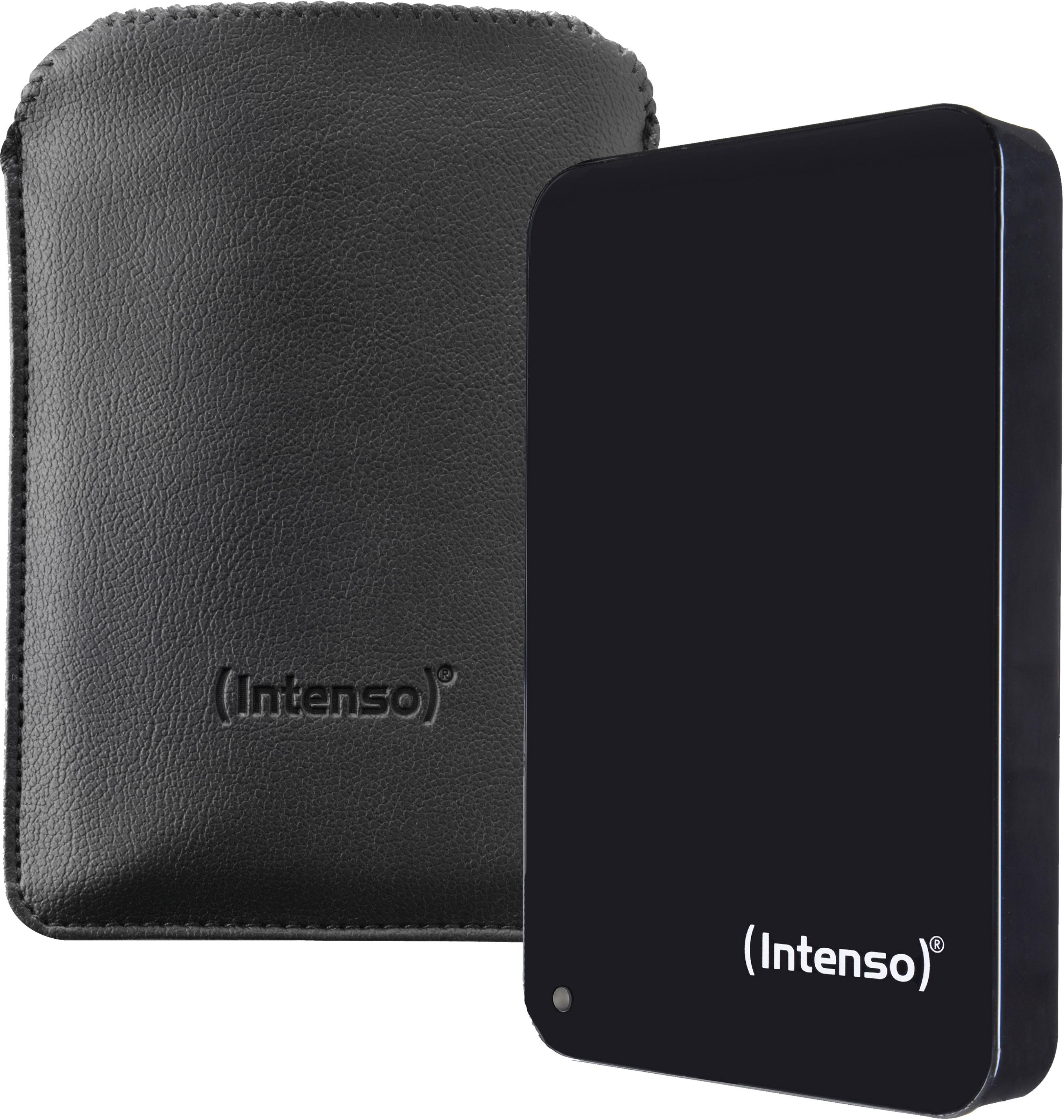 Disque dur externe noir avec étui en cuir. Les deux ont le logo Intenso. L'étui est à gauche et le disque à droite.