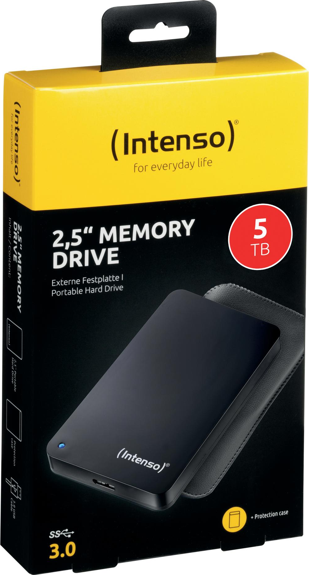 Une boîte de disque dur externe noire. Elle porte la marque Intenso, 2,5" Memory Drive et une capacité de 5 To. Accessoires: câble USB et étui de protection.