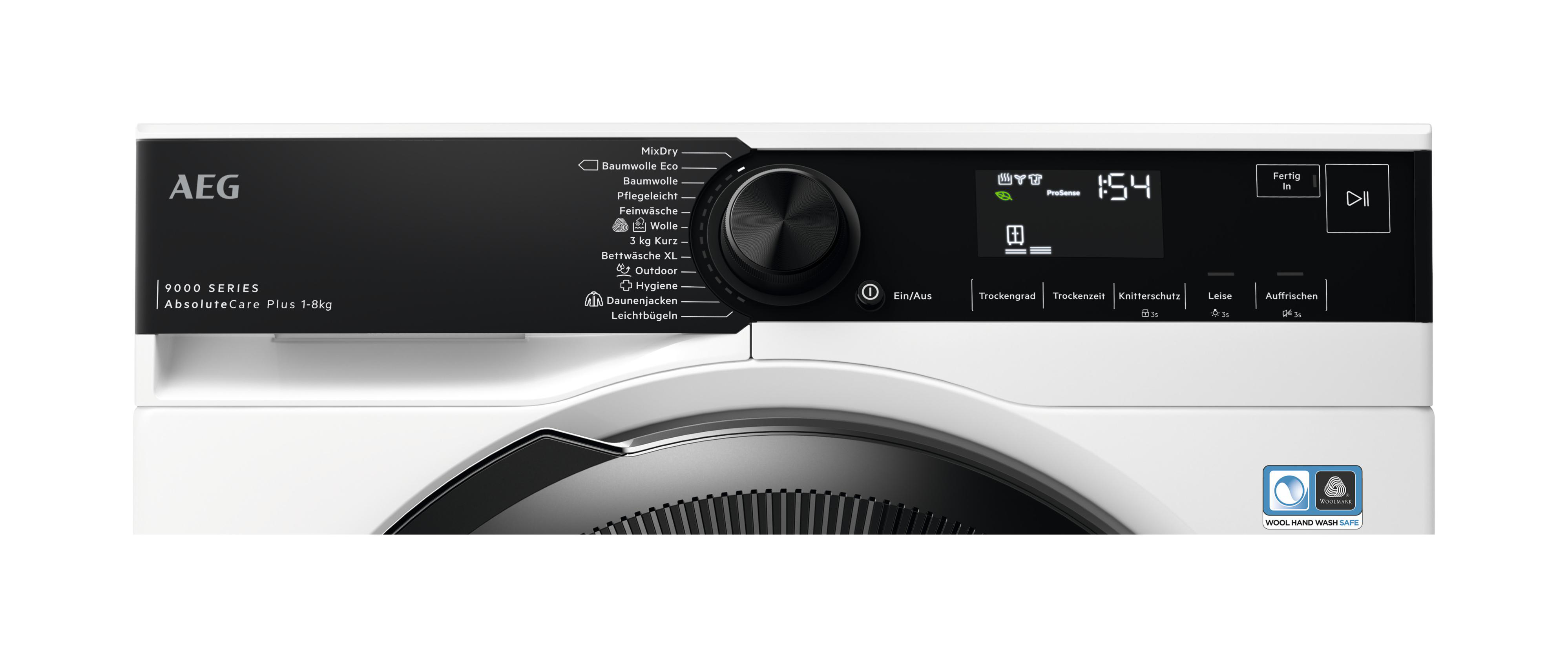 Ein AEG-Trockner. Schwarzes Bedienfeld, weißes Gehäuse. Zeigt Einstellungen zum Trocknen an. Mit Drehknopf und digitaler Anzeige.