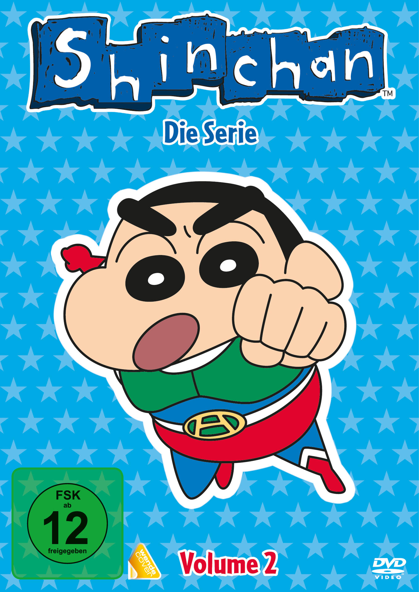 Shin-chan DVD-Cover. Cartoon-Figur mit schwarzen Haaren, Faust erhoben. Blauer Hintergrund mit weißen Sternen. Text: Die Serie, Volume 2.