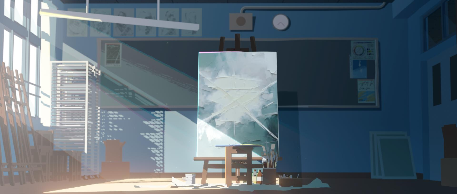 Ein Kunstklassenzimmer mit einer Staffelei, die ein Gemälde hält. Licht fällt von einem Fenster herein. Malutensilien und Stühle befinden sich im Raum.