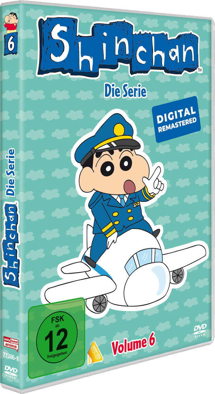 DVD-Hülle von Shinchan. Eine Zeichentrickfigur in Pilotenuniform auf einem Flugzeug. Titel: Shinchan Die Serie, Volume 6, FSK 12.