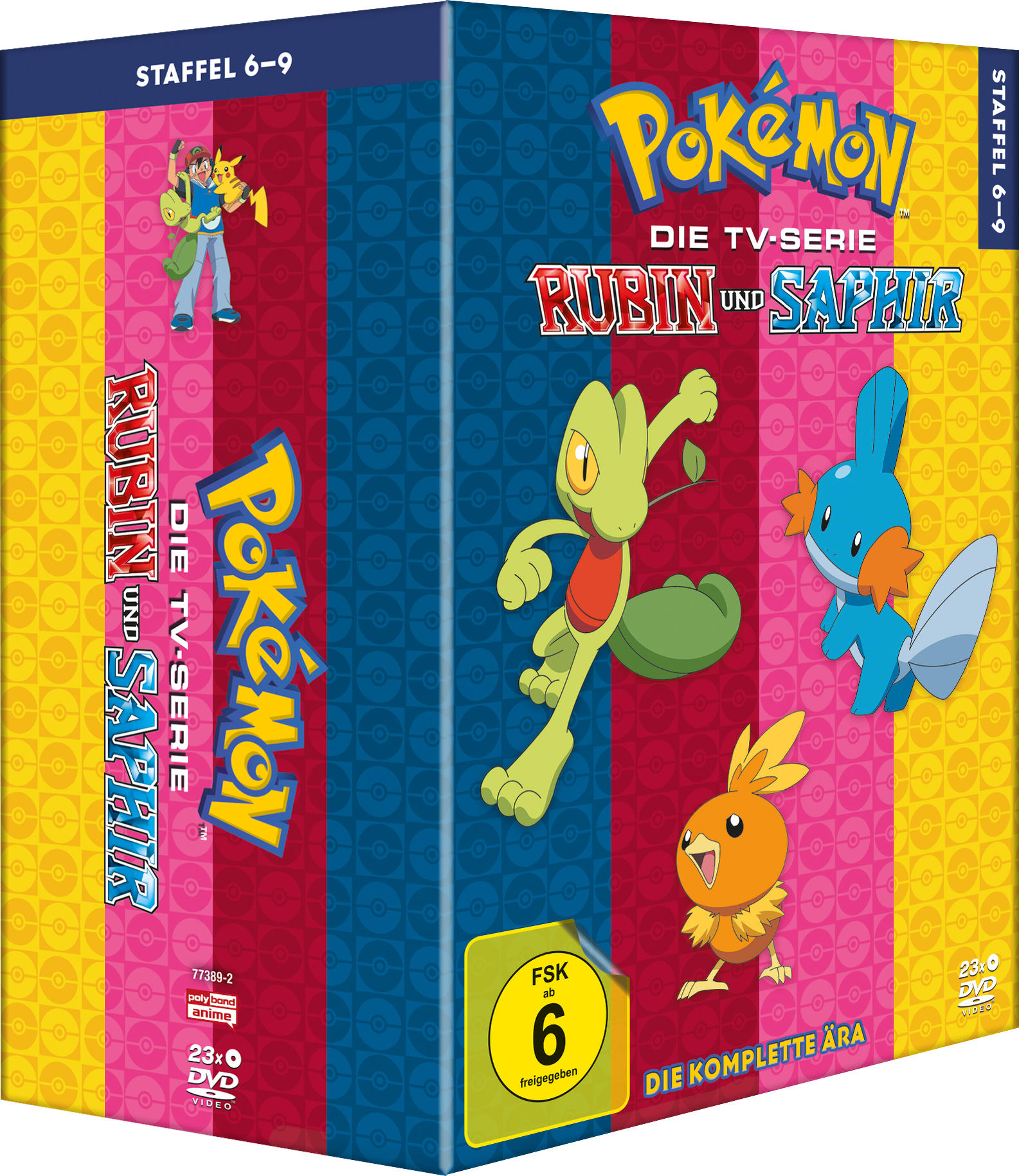 DVD-Box-Set für Pokémon Rubin und Saphir mit Zeichentrickfiguren und Text auf Deutsch.
