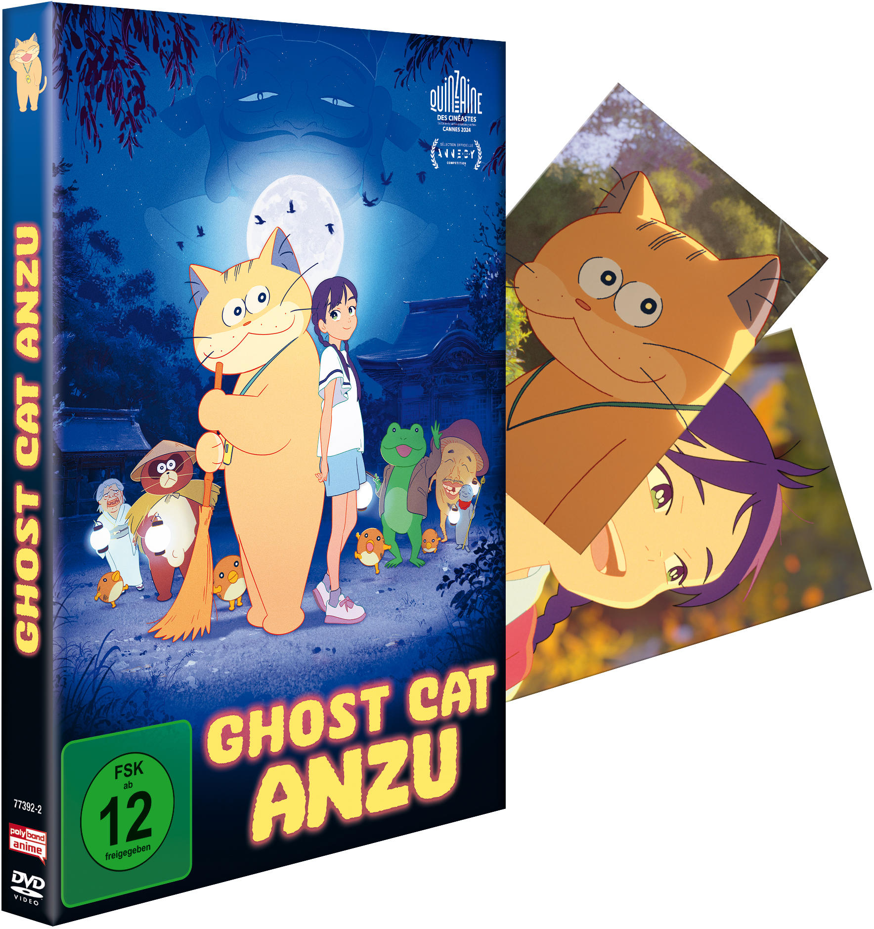 DVD-Cover von 'Ghost Cat Anzu' mit einer großen Katzenfigur, einem Mädchen und anderen animierten Kreaturen. Blauer Hintergrund, Nachtszene.