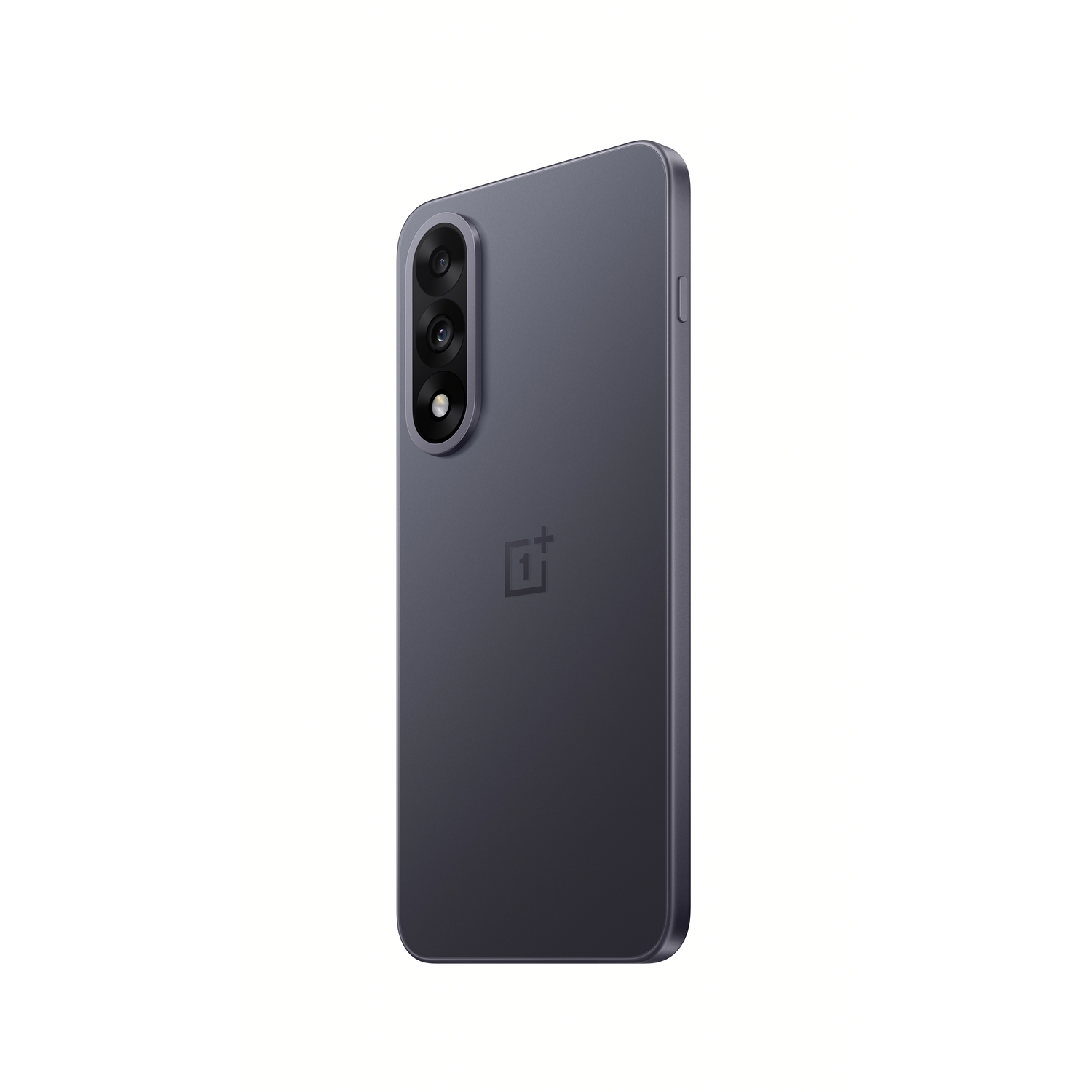 A dark purple smartphone with three rear cameras is shown at an angle. The OnePlus logo is visible. White background.