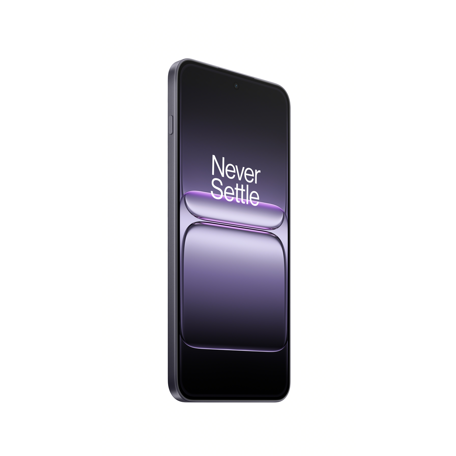 A purple smartphone with the text 'Never Settle' on the screen is displayed, set against a white background.