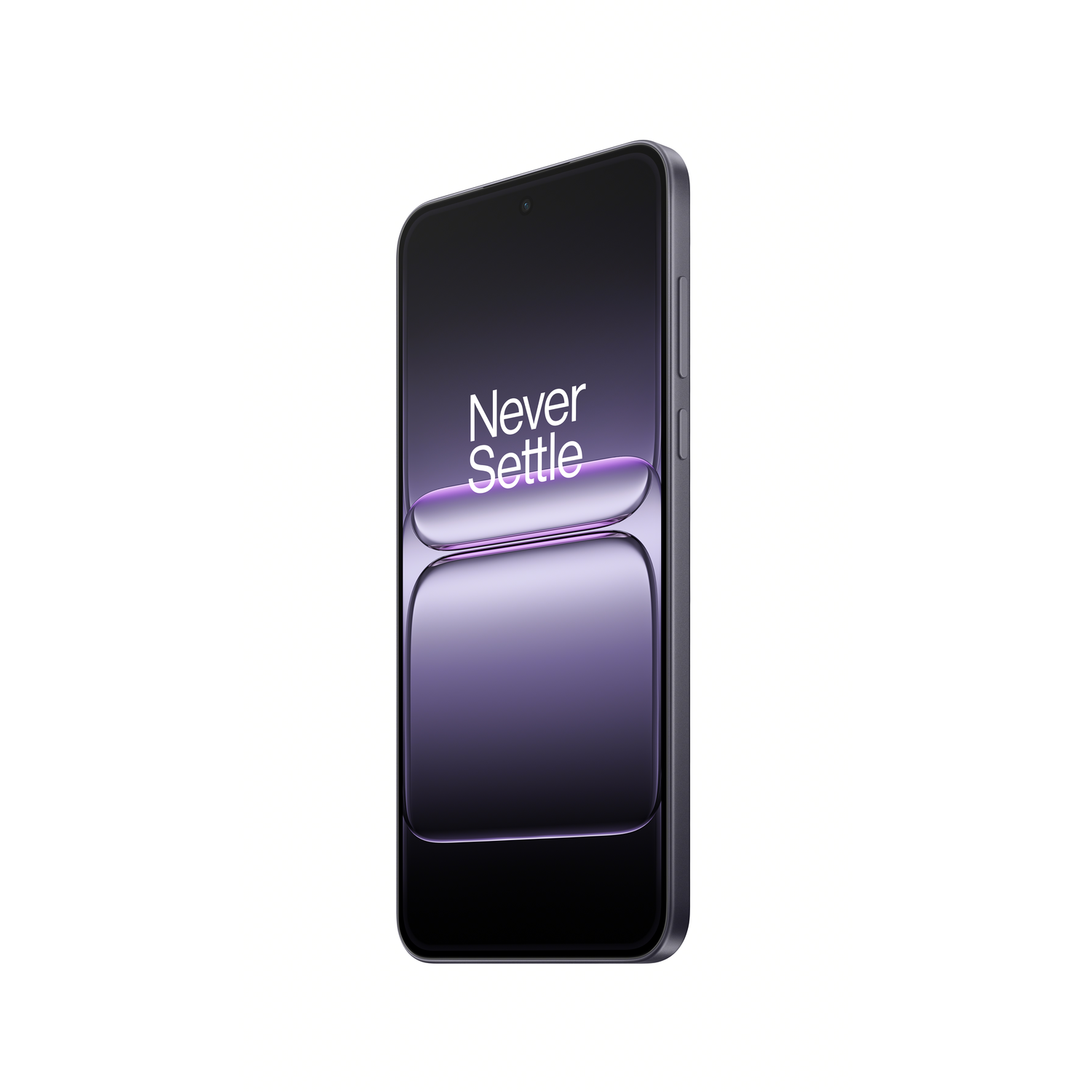 A smartphone with a purple screen displaying 'Never Settle'. It is on a white background.